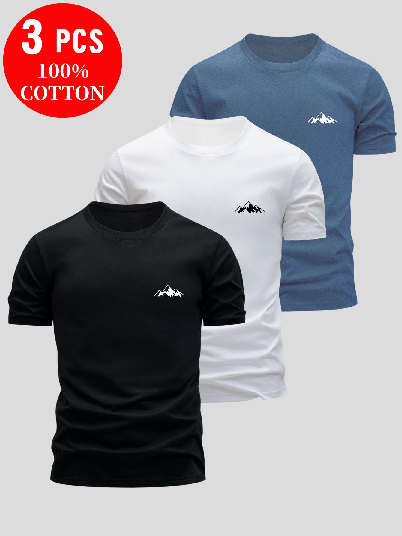 3pcs 's 100% Cotton T-Shirts Slim Fit Short Sleeve Crew Neck - White/Black/Navy Blue with Logo Print ( Grey Logo) - Soft Summer Casual Shirts, Breathable Casual Attire, Minimalist -Inspired Design for Layering & Outfits