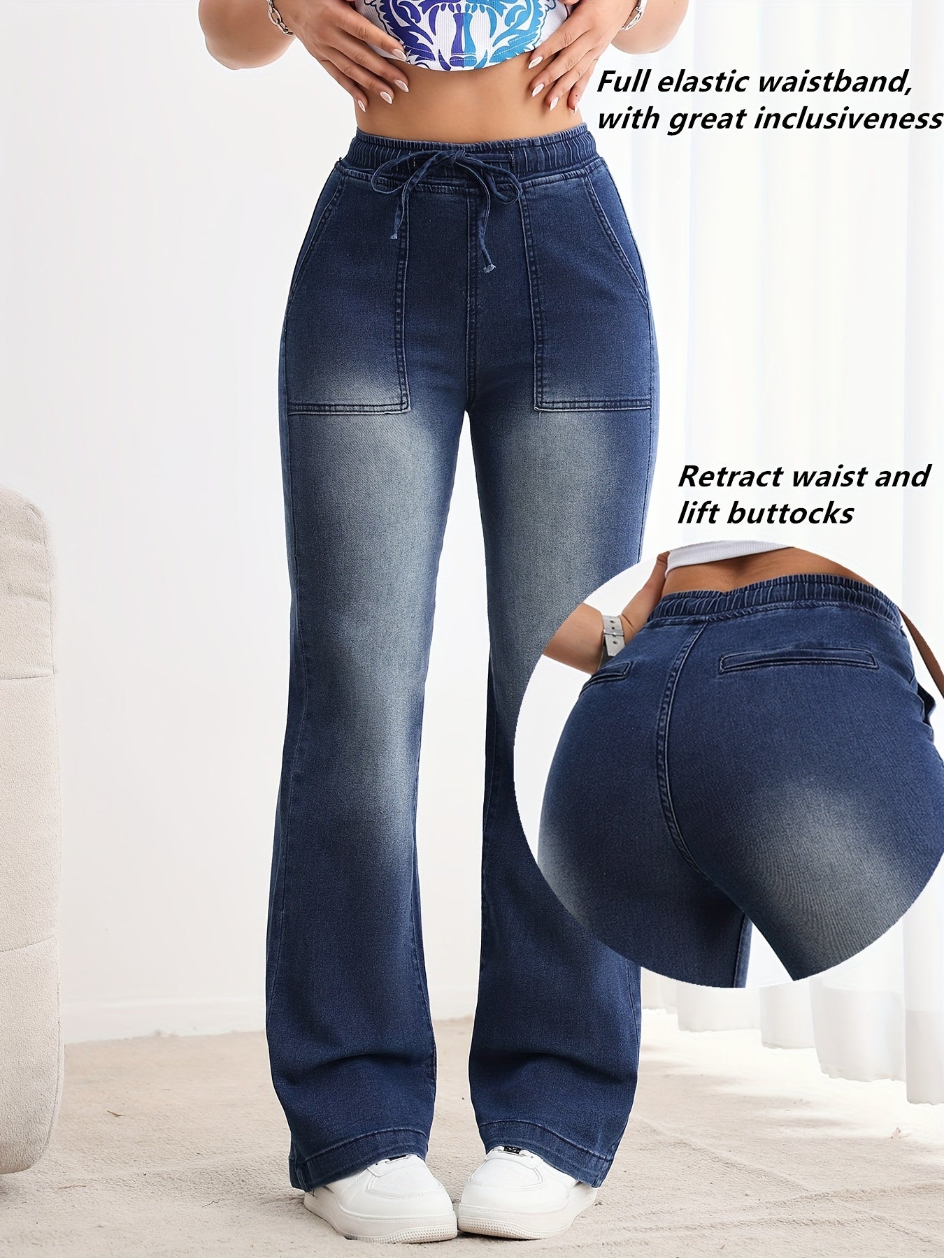 Jeans Femme Denim Doux Stylé Extensible Jambe Droite Poches Multiples Confort Quotidien Slim-Fit