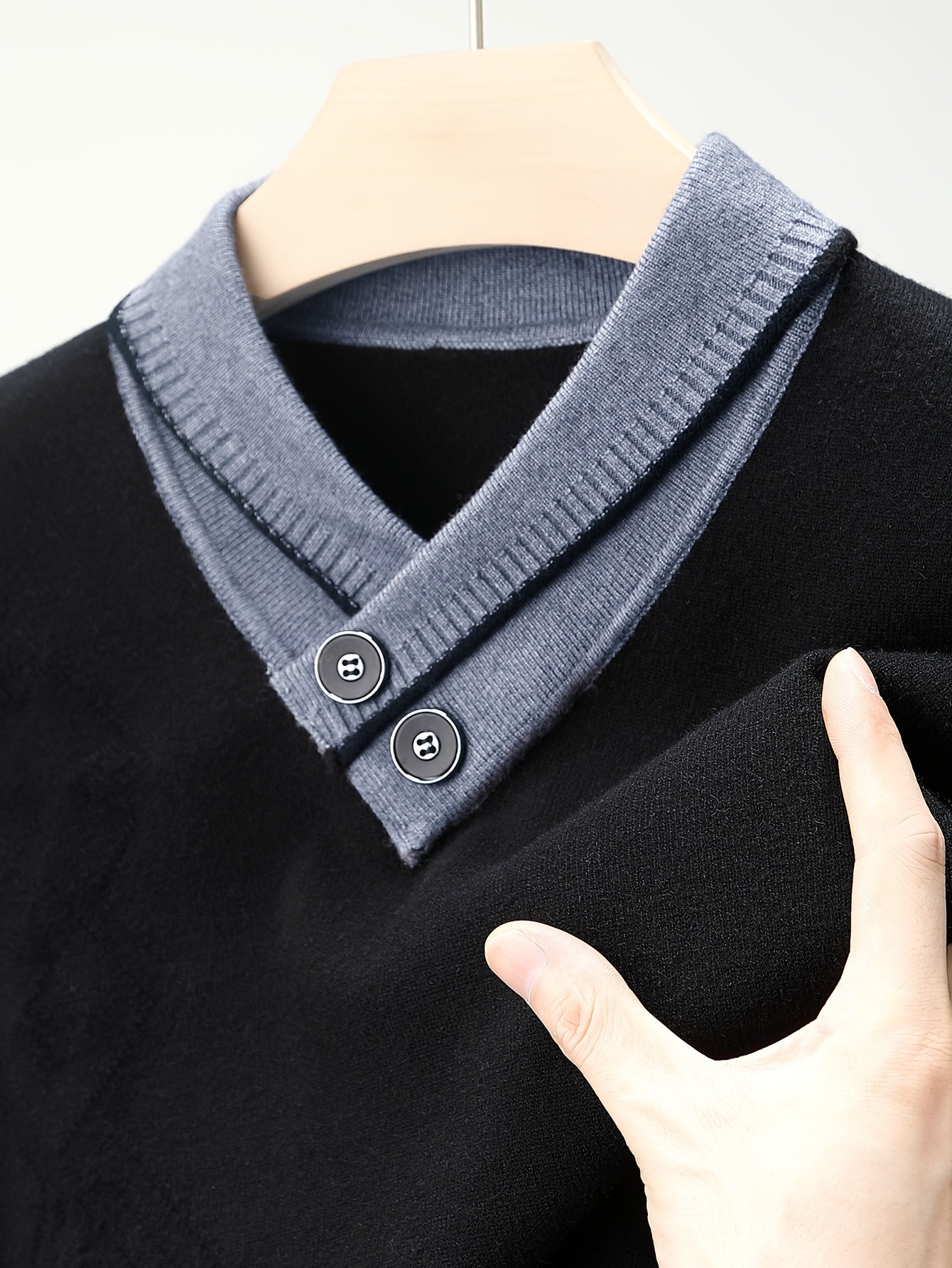 1pc Men'S Winter V-Neck Sweater with Dual Button Detail - Color Block Knit Pullover, Viscose Fabric, Long Sleeve, Regular Fit, Casual Style for Fall/Winter - Soft, Warm, Skin-Friendly Inner Layer, Thick