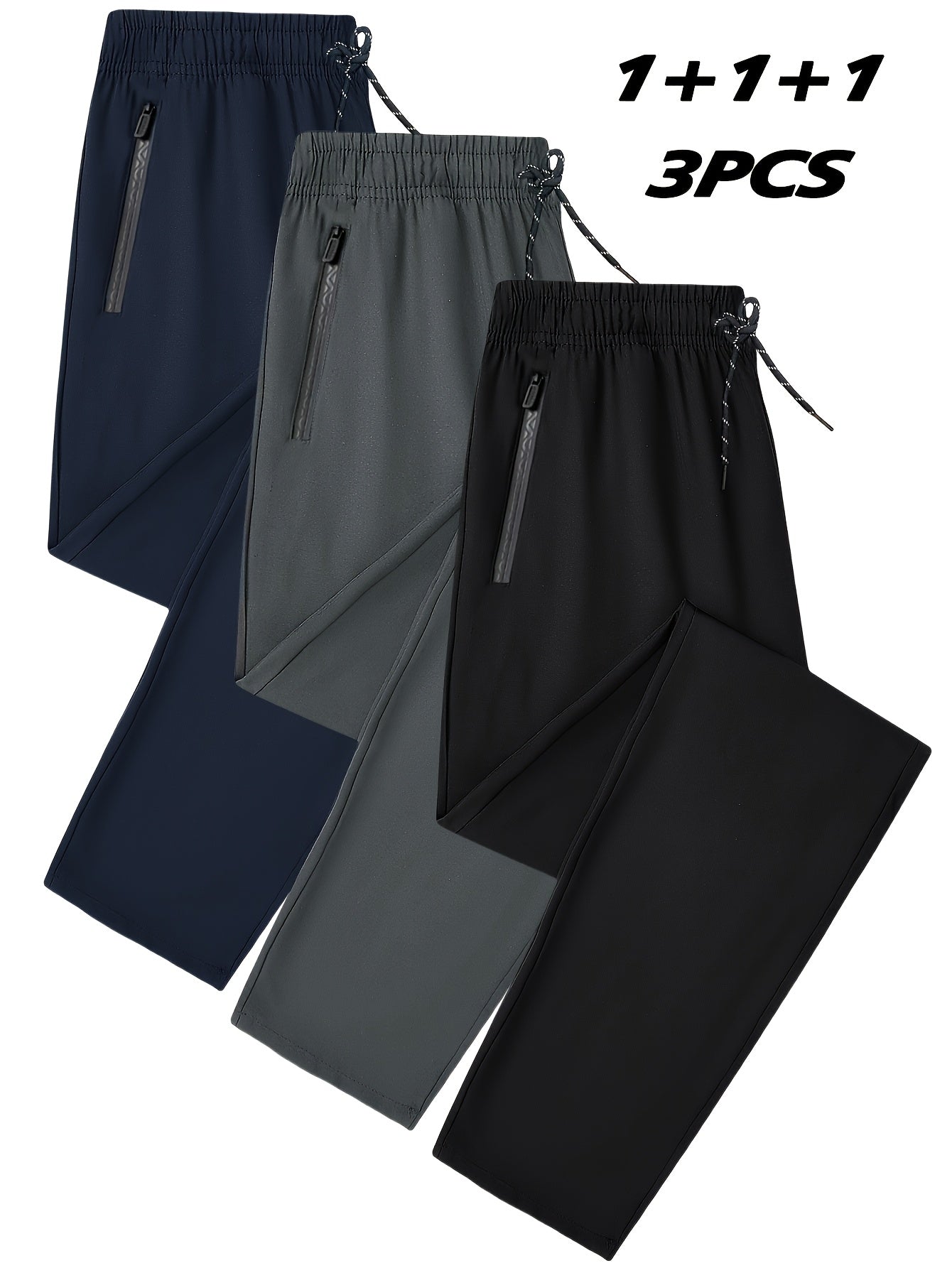 3pcs Joggers Homme Grande Taille – Cordon Élastique, Poches Zippées, Loose Fit, Bleu Marine/Gris Foncé/Noir, Printemps/Automne