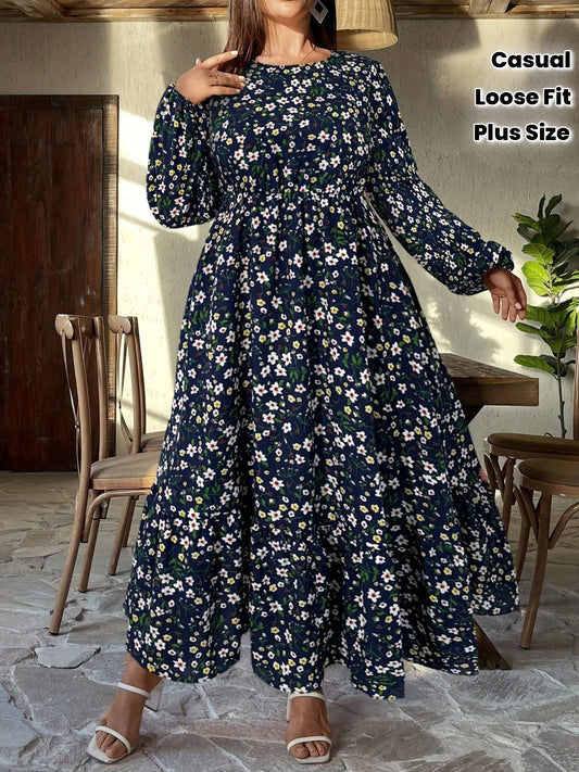 Robe Longue Grande Taille Élégante – Imprimé Floral, Manches Lanternes, Col Rond, Coupe Ample, Tissu Non Extensible, Idéale Printemps/Automne et Soirées Semi-Formelles