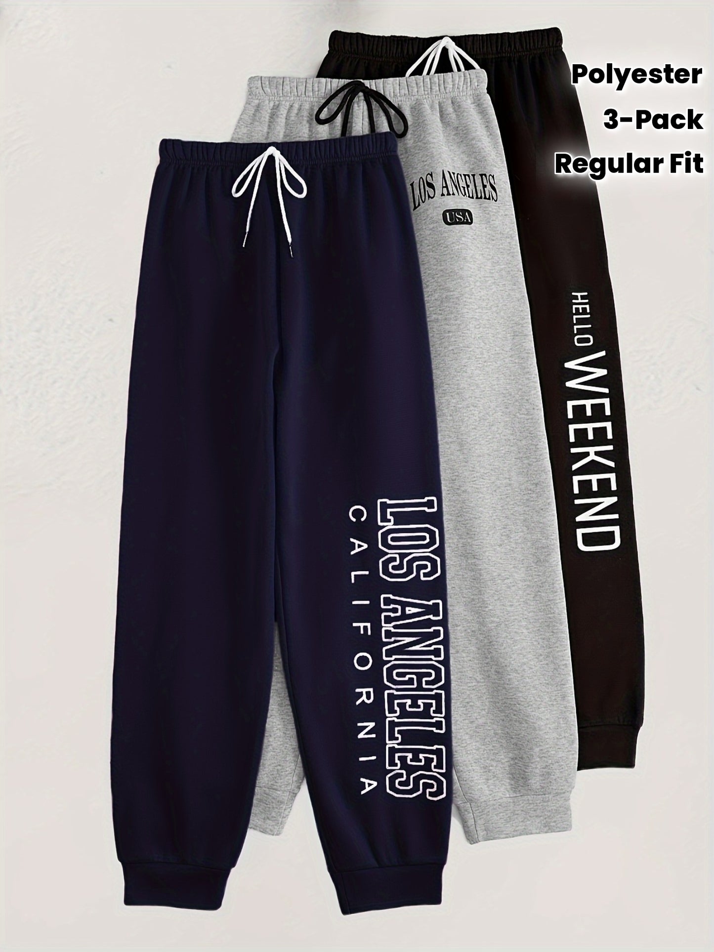 Pantalons lounge pour homme (3 pièces) – mélange polyester, imprimé alphabet, tissu tricot basique, légère extensibilité, coupe régulière, idéals toutes saisons pour détente et pyjama