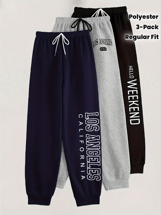 Pantalons lounge pour homme (3 pièces) – mélange polyester, imprimé alphabet, tissu tricot basique, légère extensibilité, coupe régulière, idéals toutes saisons pour détente et pyjama