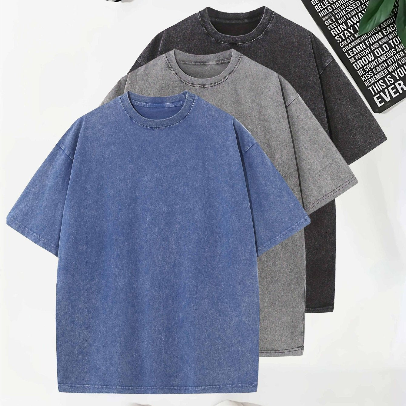 Temujin Starry 3pcs Washed Cotton Distressed 100% Pure 240g Crew Neck T Shirt, Simple and Fashionable