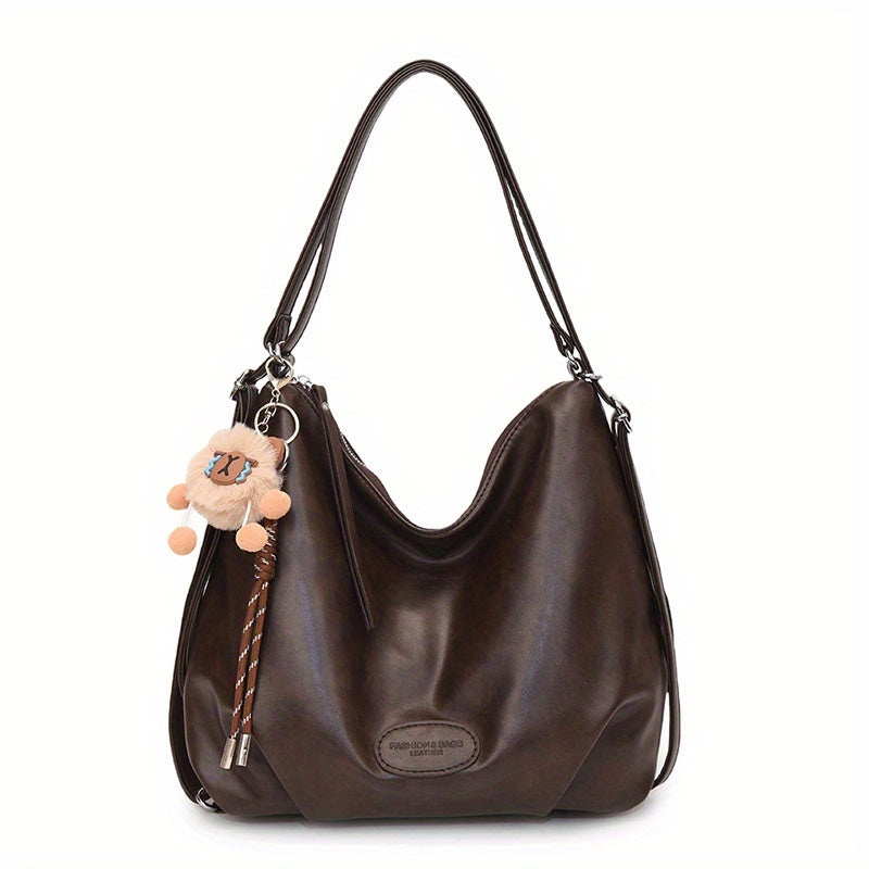 Sac à Épaule Fashion avec Charm, Convertible en Sac à Dos, Grand Cabas pour Sorties d’Hiver - Disponible en Kaki Foncé, Marron Foncé, Noir - Matière PU avec Doublure,
