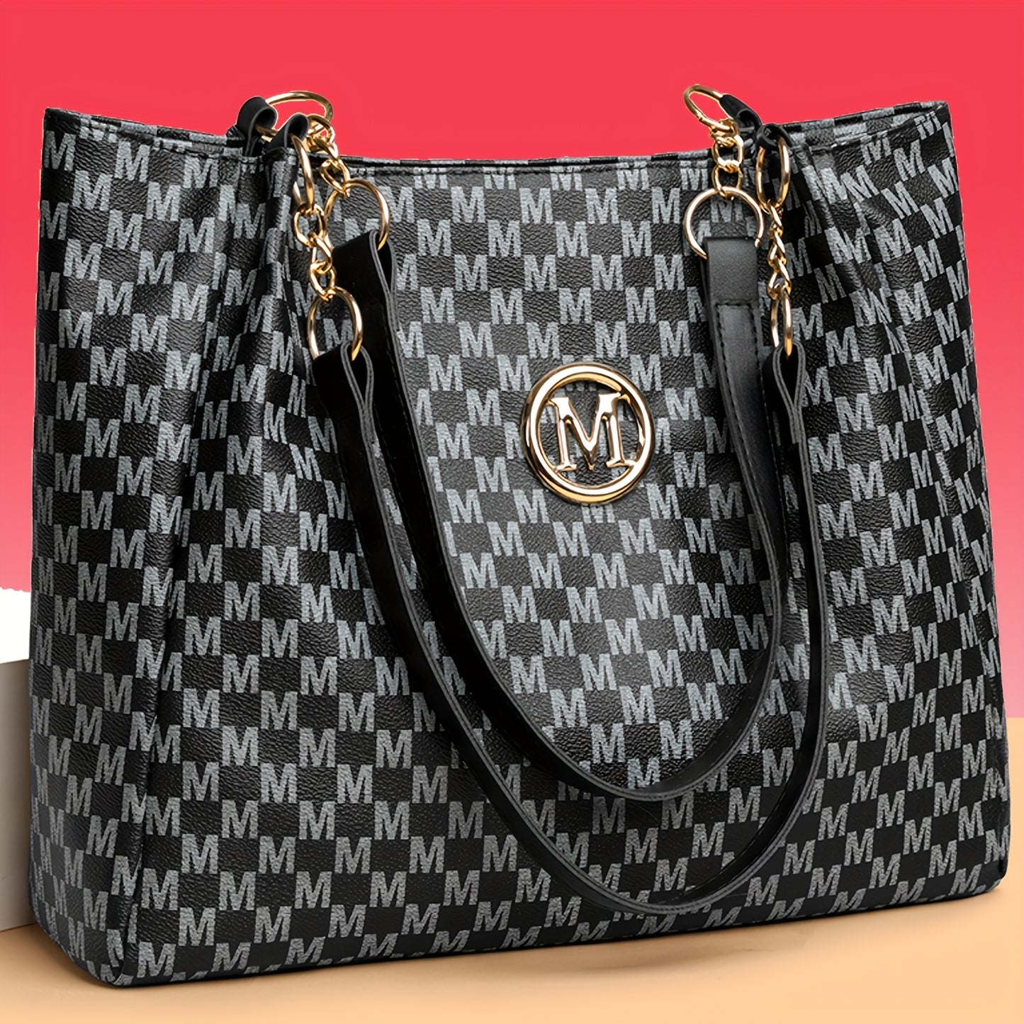 Sac Cabas Femme Élégant et Classique à Monogramme « M » – Grande Capacité, Cuir Synthétique avec Détails Marron, Bandoulières Fixes et Quincaillerie Dorée, Fermeture Éclair, Parfait pour le Travail, Déplacements et Shopping