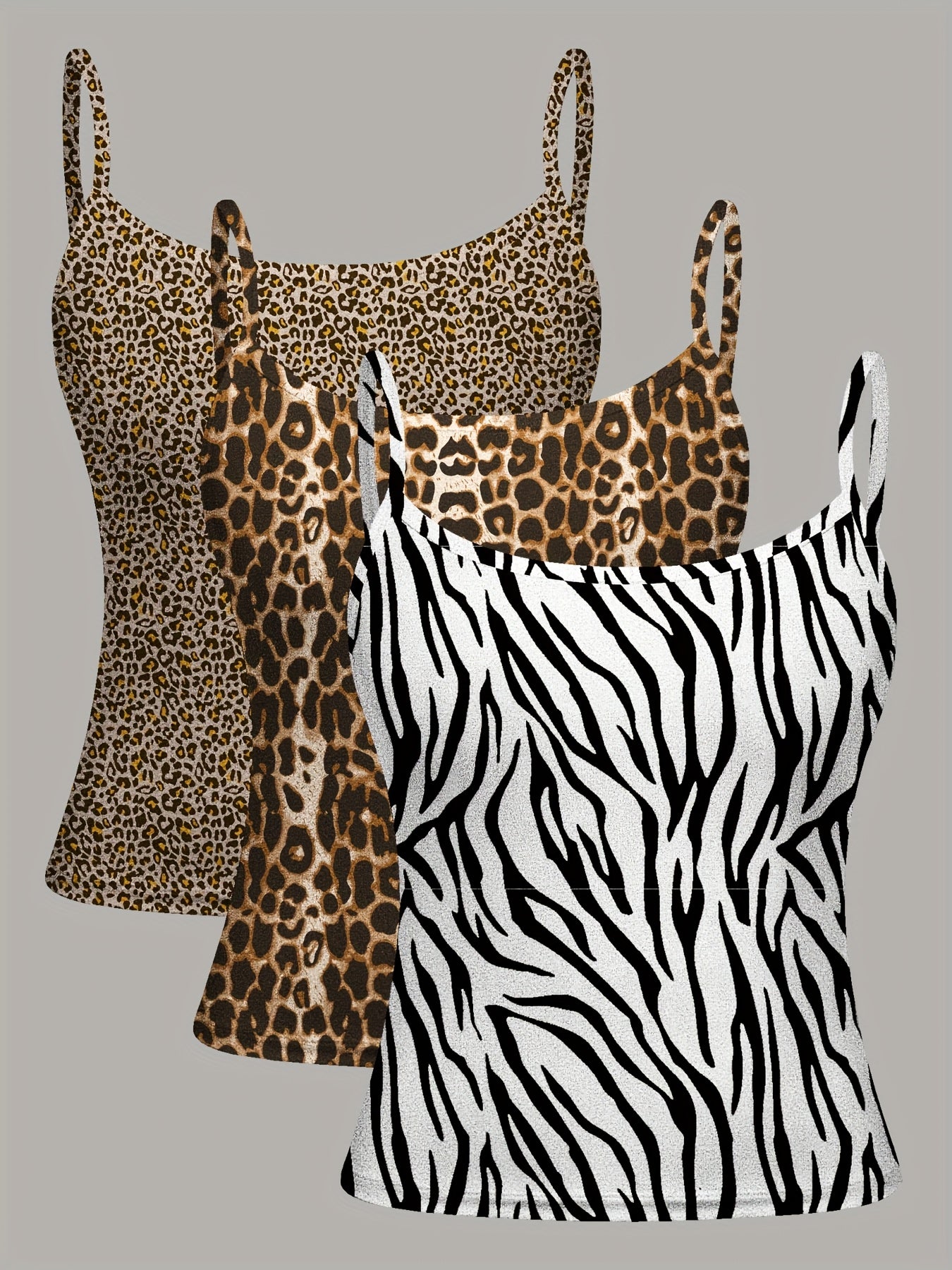 Lot de 3 Débardeurs Femme – Imprimé Léopard et Zèbre, Col Rond, Sportifs et Extensibles