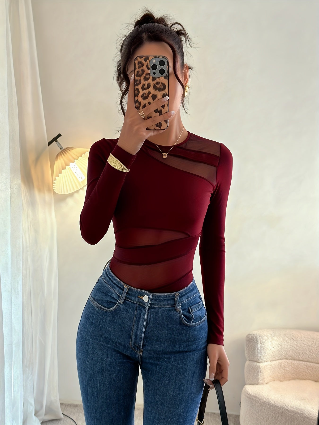 Body Femme Sexy Manches Longues — T-shirt Élégant avec Découpes en Mesh, Tissu Extensible, Parfait pour Automne/Hiver, Bureau et Soirées