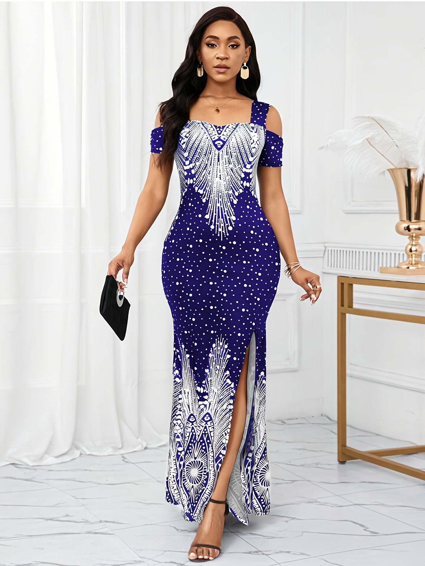 Women's Elegant Paisley Print Square Neck Off-Shoulder Evening Dress - Short Sleeve Bodycon Mermaid with Side Slit & Waist Accent, Machine Washable Summer Formal Party Wear, Evening Event Attire, Stretchy Fabric Gown, Comfort