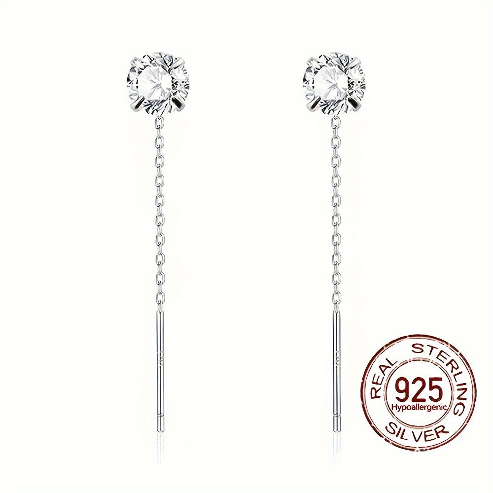 0,6 g S925 argent pur hypoallergénique brillant zircon synthétique combiné avec zircon cubique pendentif longue chaîne fil élégant minimaliste boucle d'oreille piercing