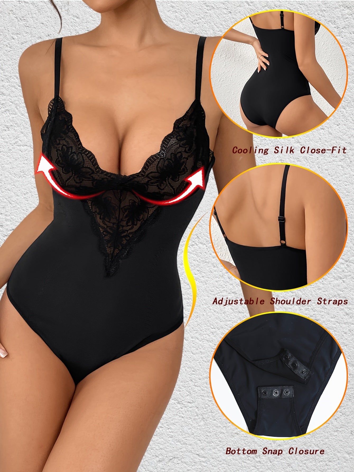 Body sexy femme en dentelle avec décolleté profond en V, détails ajourés et bretelles réglables. Fermeture à boutons-pression pour un confort optimal. Lingerie élégante et galbante, disponible aussi en grande taille