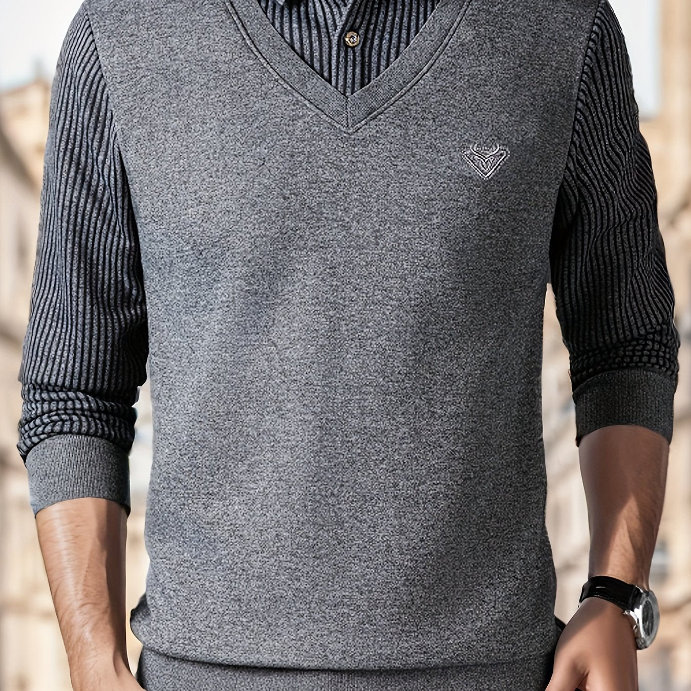 Men's Casual Knit Polyester Sweater - Long Sleeve Layered-Look Lapel Collar with Striped Pattern and Embroidered Detail - Perfect for Sports, Travel, and Office Wear - Spring/Fall Lightweight Stretch Pullover