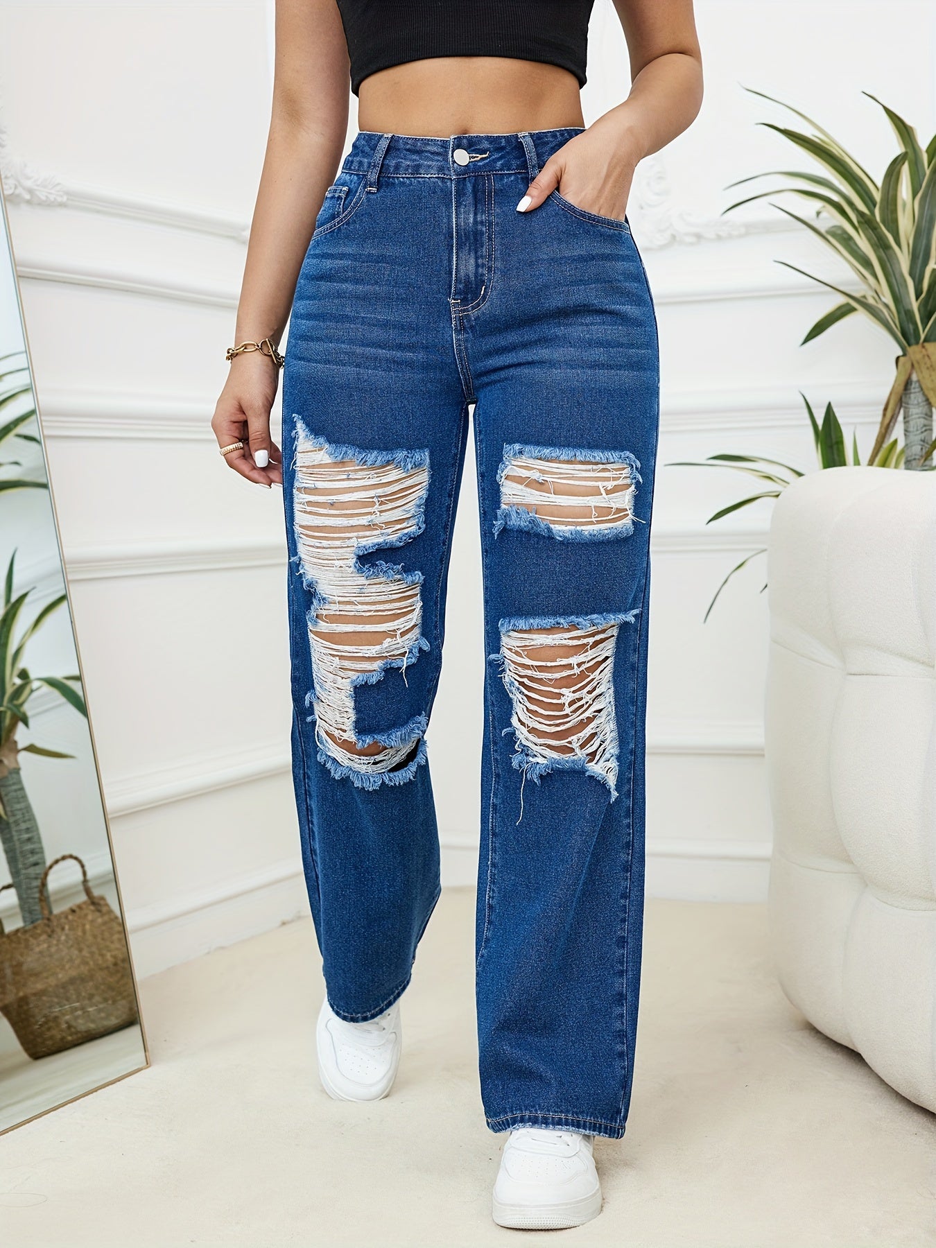 Jeans Femme Taille Haute Jambe Large Effet Troué Plissé Sexy Respirant Denim