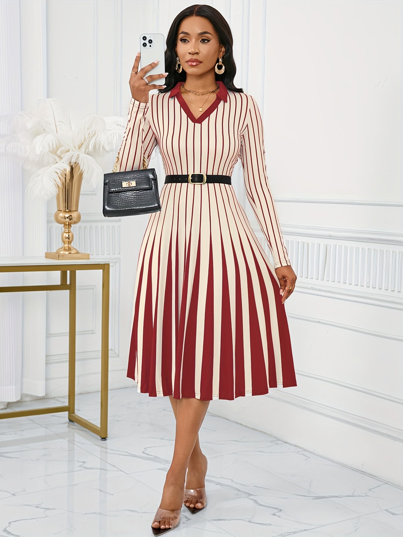 Elegant V-Neck Long Sleeve Geometric Stripe A-Line Dress - Black and White, Perfect for Spring/Fall Parties and Events, Party Dress|Striped Pattern|Vneckline