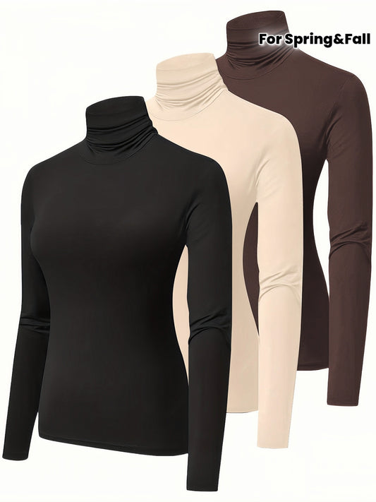 Lot de 3 t-shirts à col roulé, manches longues décontractées pour le printemps et l’automne, vêtements pour femmes