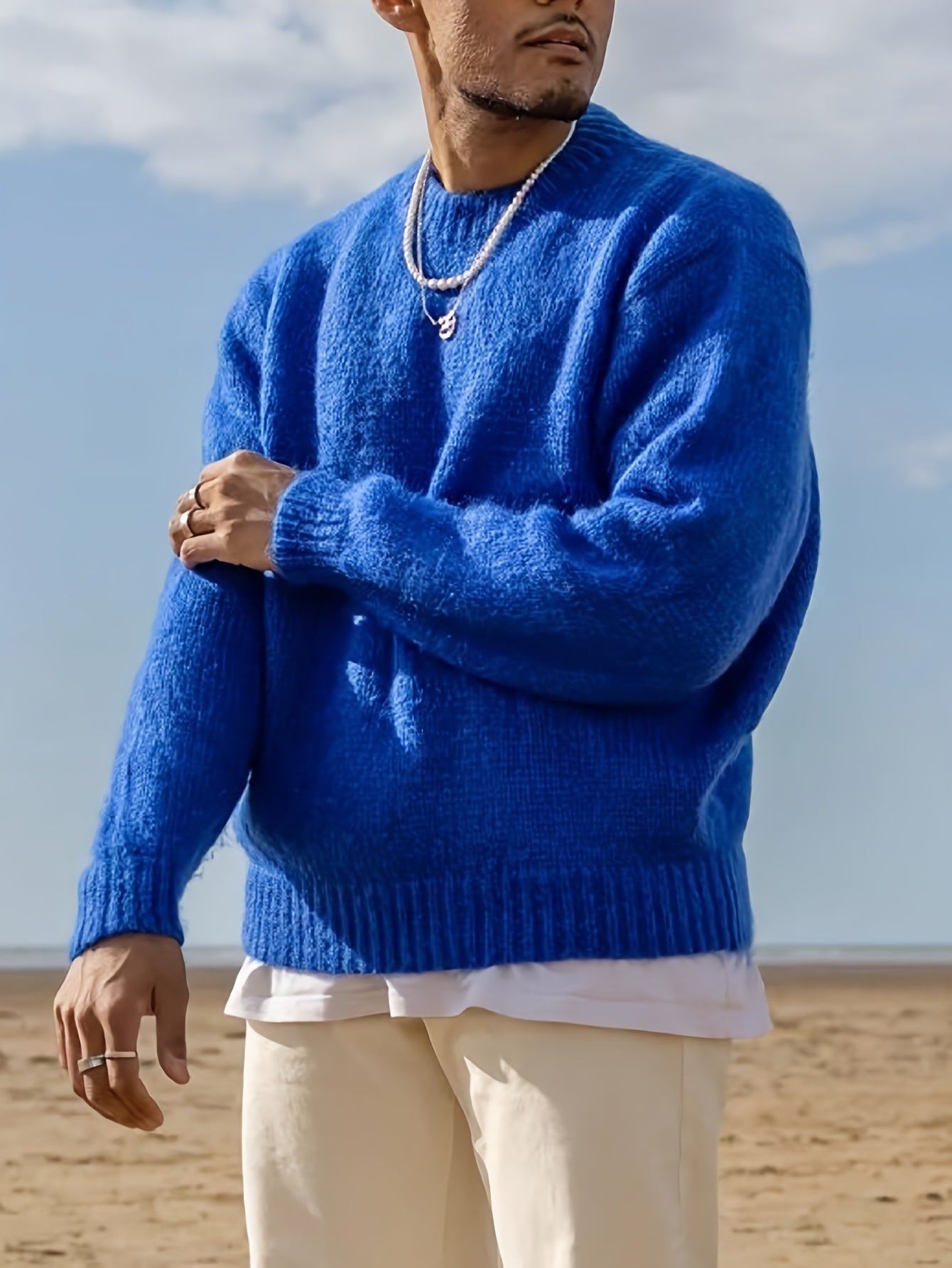 Unisex Casual Knit Sweater - Loose Fit, Long Sleeve, Round Neck, Solid Color Blue, Perfect for Fall/Winter Fashion, Essential for Casual Attire, Ribbed Texture, Machine Washable, Ribbed Sweate