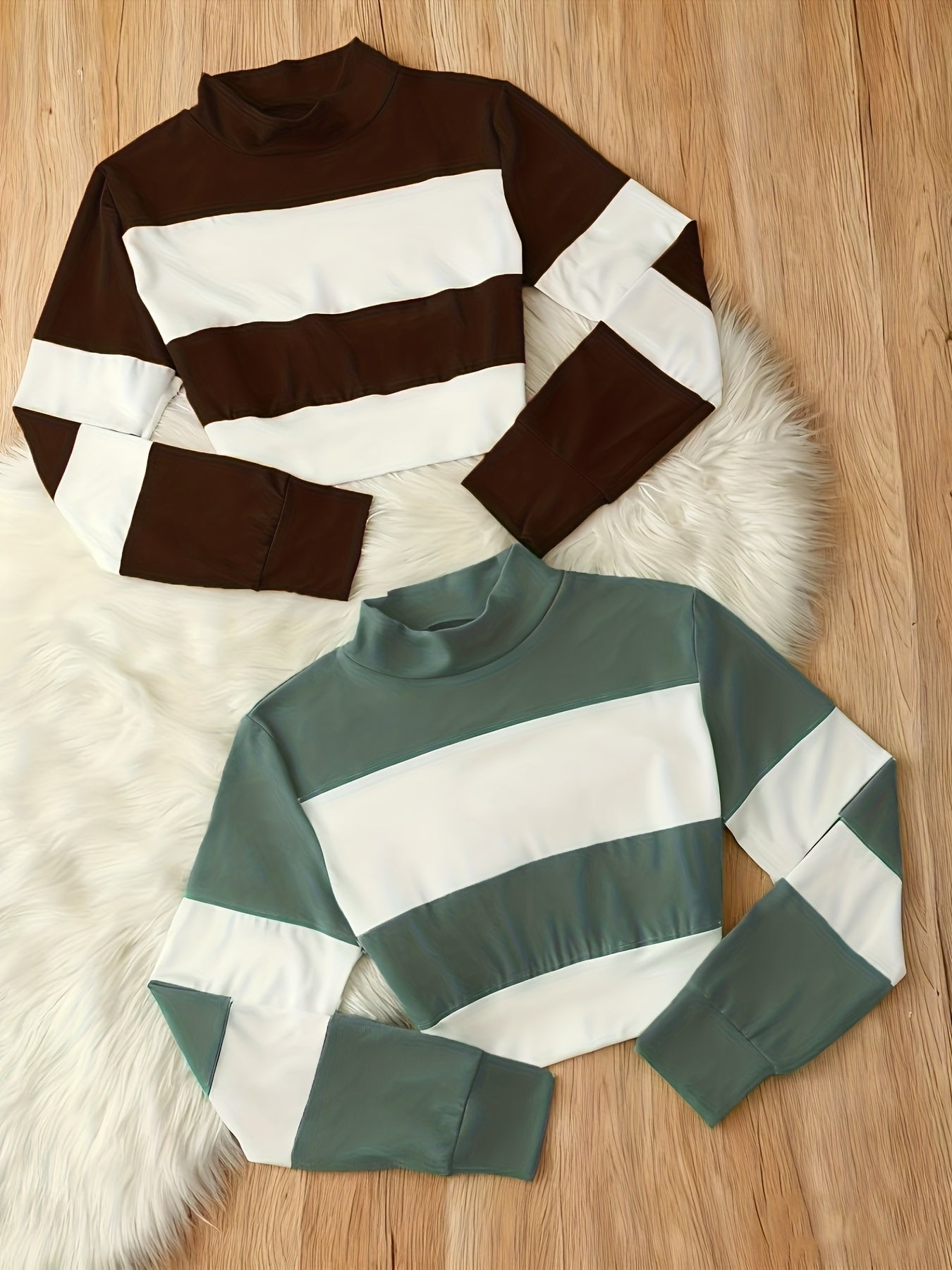 Set Femme 2 Pièces T-Shirt Long Bloc Couleurs et Crop Top Col Montant