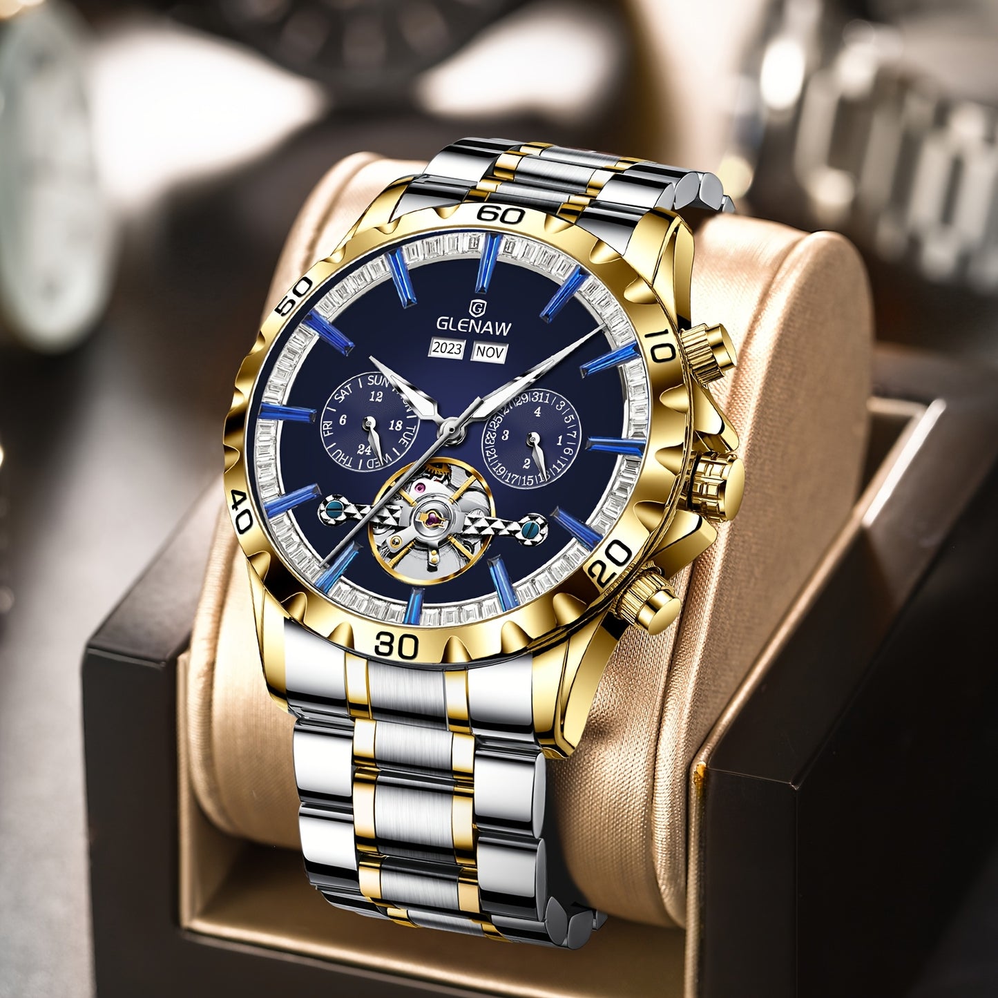GLENAW Men's Automatic Mechanical Watch - Luxury Blue Dial with Golden accents, Date Display, Elegant Watch for Formal & Casual Attire - Ideal Gift for Men, Stylish Wristwatch, Sophisticated Timepiece, Highend Craftsmanship