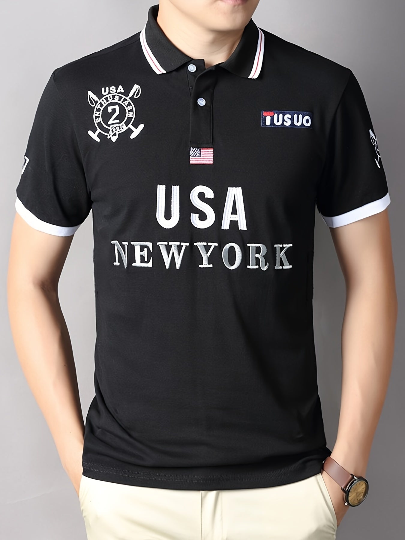 TS Men's Plus Size Slim-Fit Short Sleeve Shirt - 3D USA & New York Lettering Embellishment, Breathable Pure Cotton, Black with White Contrast Collar & Stripe, All-Season Casual & Semi-Formal Wear, Machine Washable Luxury Men'