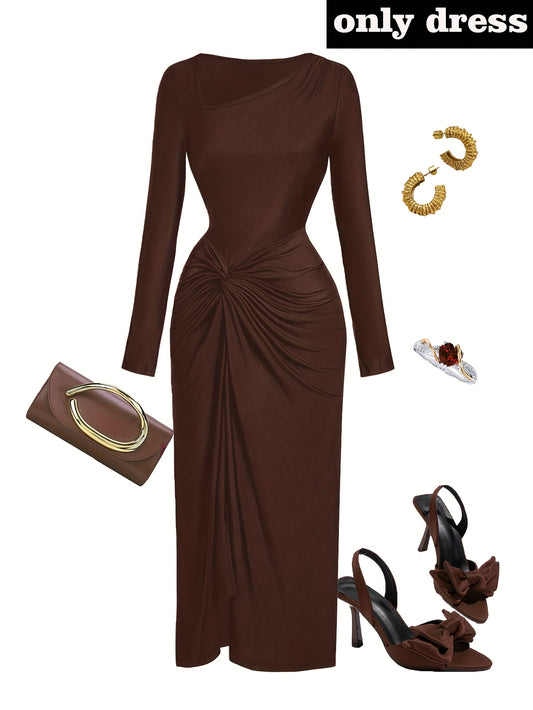 Robe Femme Élégante à Col Irrégulier — Manches Longues, Couleur Unie, Parfaite pour Soirées, Sorties et Rendez-vous