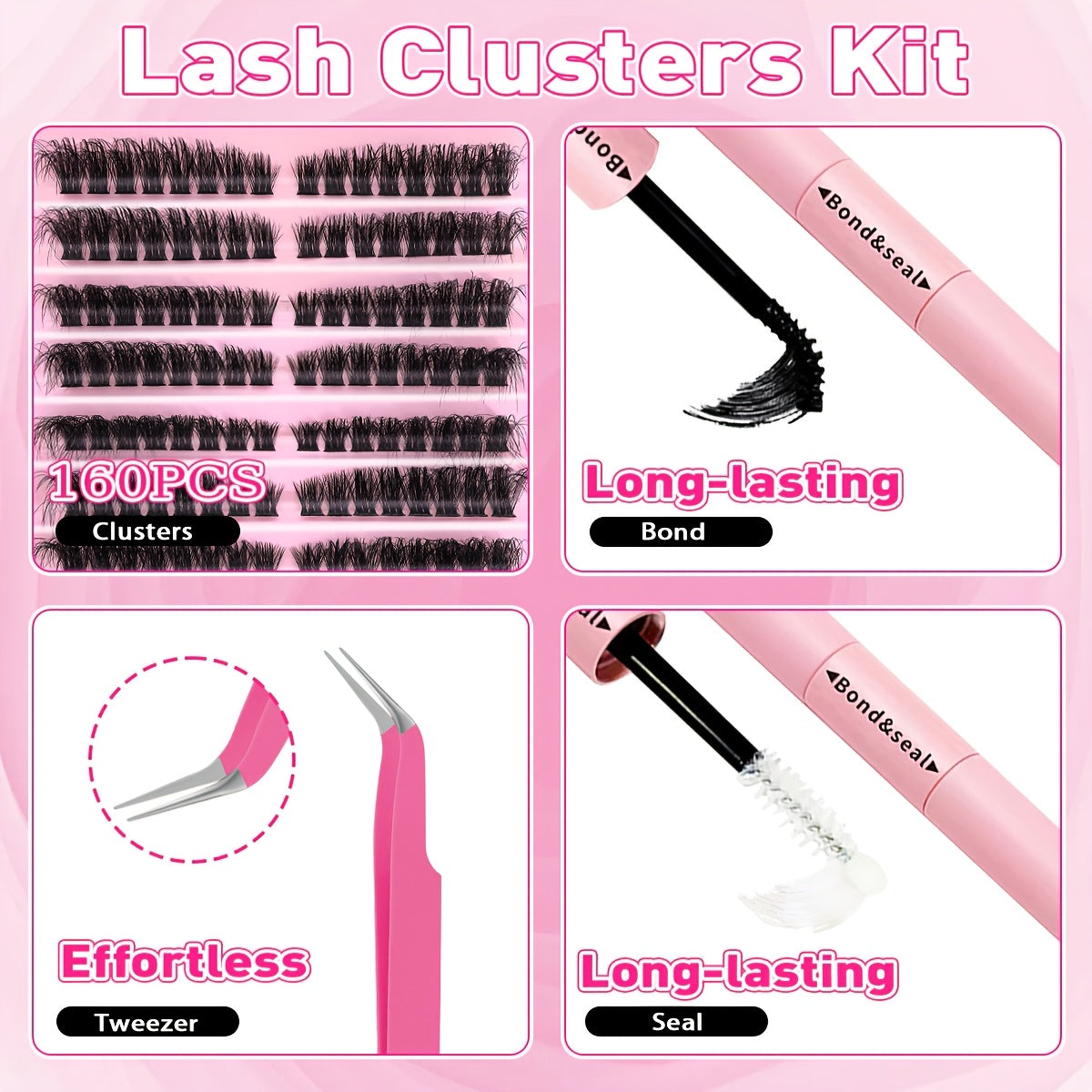 Kit d'extension de cils (160 ou 200 pièces) : extensions de cils volumineuses avec colle et fixateur, pince à épiler, touffes de cils épaisses, cils individuels fins, extension de cils courbée en D (30D, 40D, 80D, 8-16 mm).