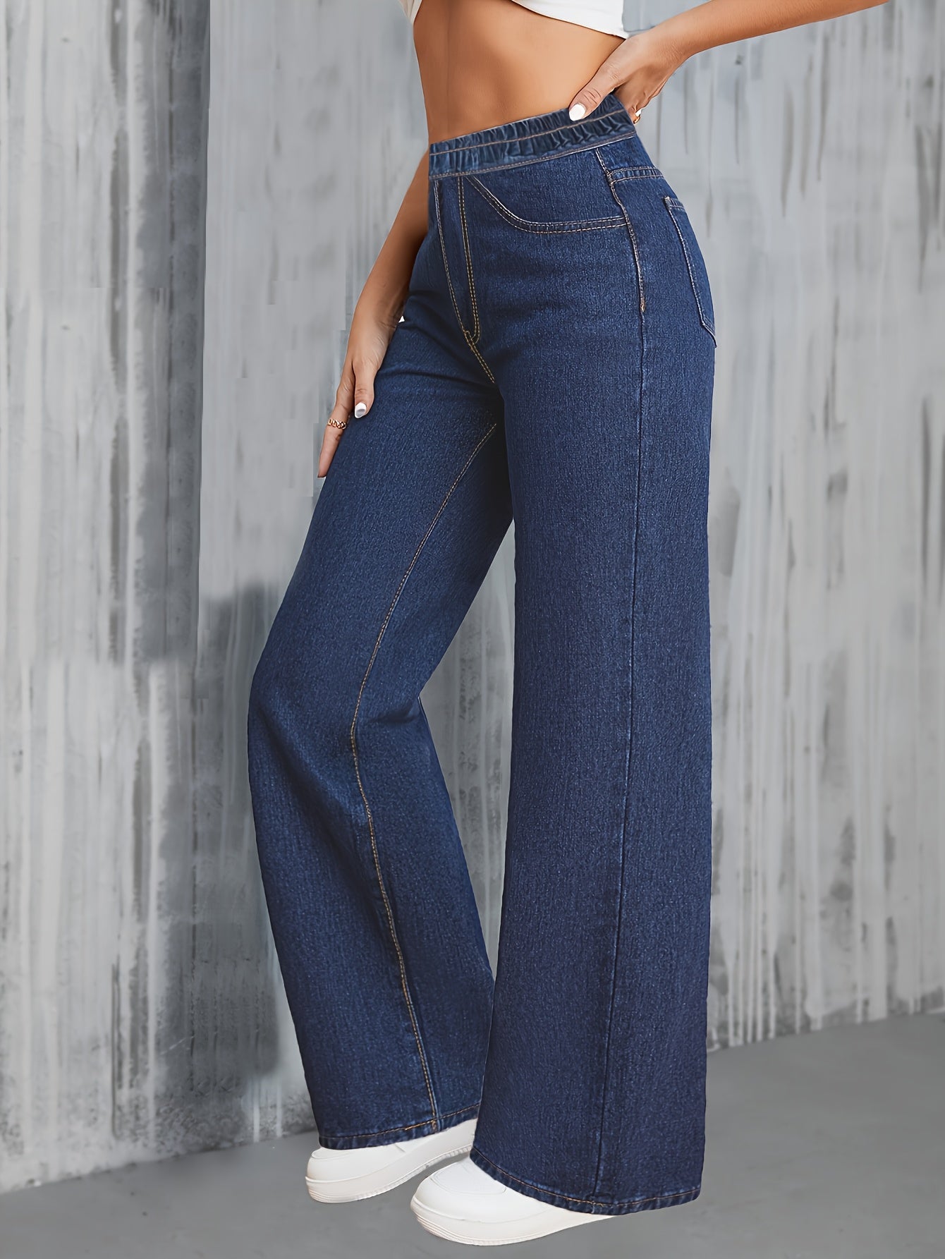 Jeans Femme Taille Haute – Jambe Droite Extensible, Bleu Effet Usé, Tous Saisons, Bureau et Décontracté