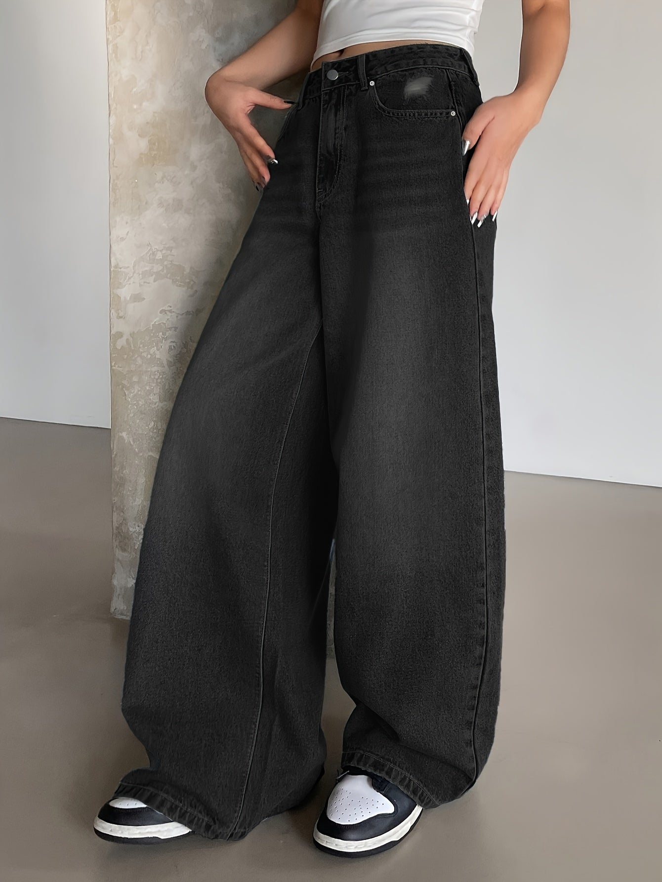 Jeans Femme Oversize Jambe Large Bleu Foncé Effet Usé Jambe Droite Poches Ourlet Net Non Extensible Toute Saison