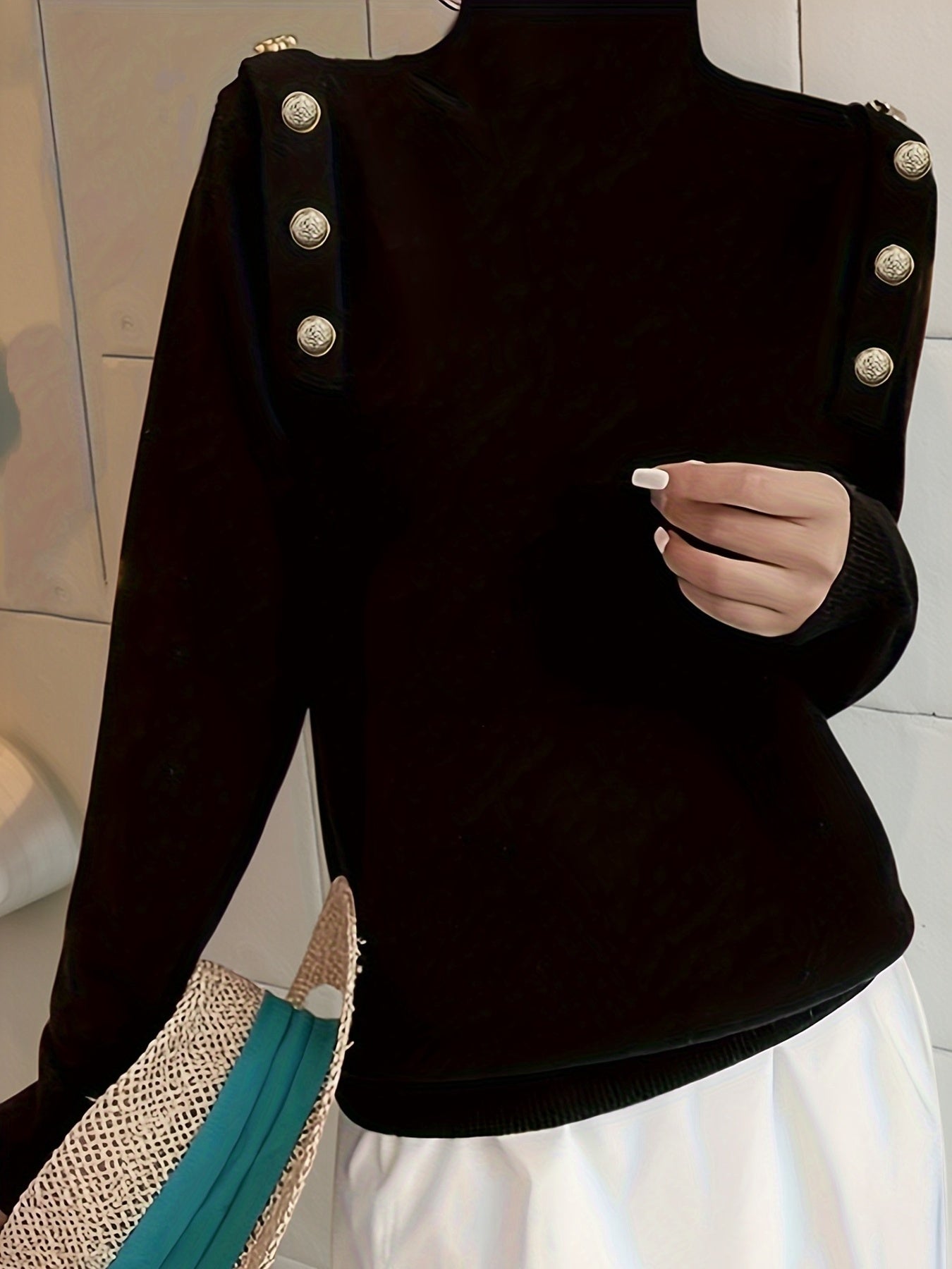 Pull tricoté col roulé à boutons, manches longues, élégant et décontracté pour femmes