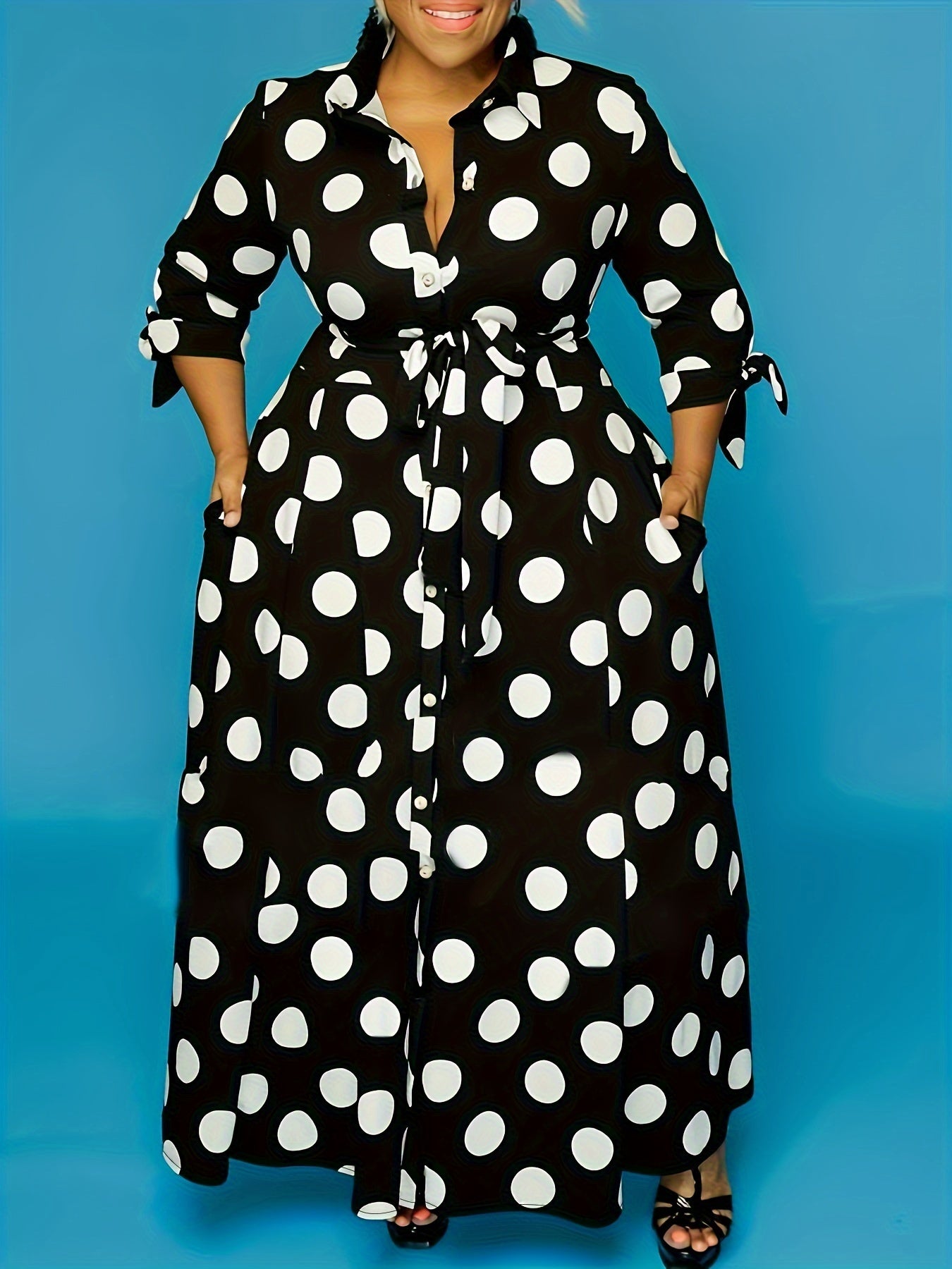 Robe Élégante Grande Taille – Femme, Maxi Robe à Pois, Boutonnée, Col avec Ceinture