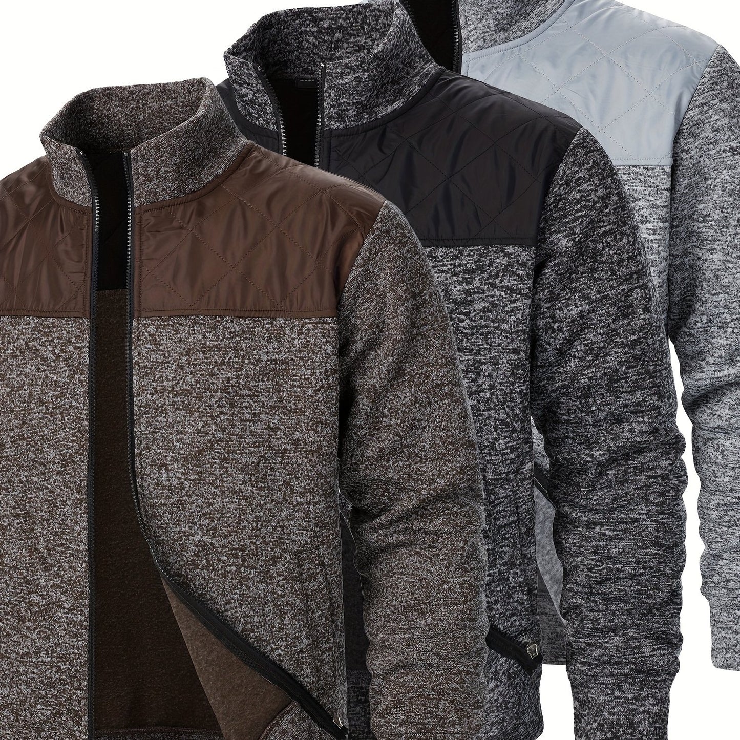 Lot de 3 Sweatshirts Homme en Polaire – Zip, Marron, Manches Longues, Col Montant, Décontracté, Golf et Camping, Lavable en Machine