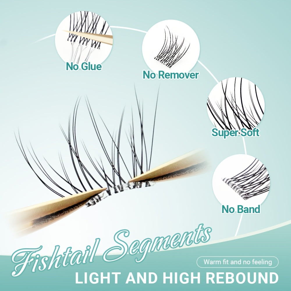 Extensions de Cils– 60 Clusters Auto-Adhésifs, Bandes Transparentes, Segments Fishtail, Style Anime Naturel et Doux, Pas de Colle Nécessaire, Cils Pré-Collés, Curl C, Look Fluffy, Idéal Débutants