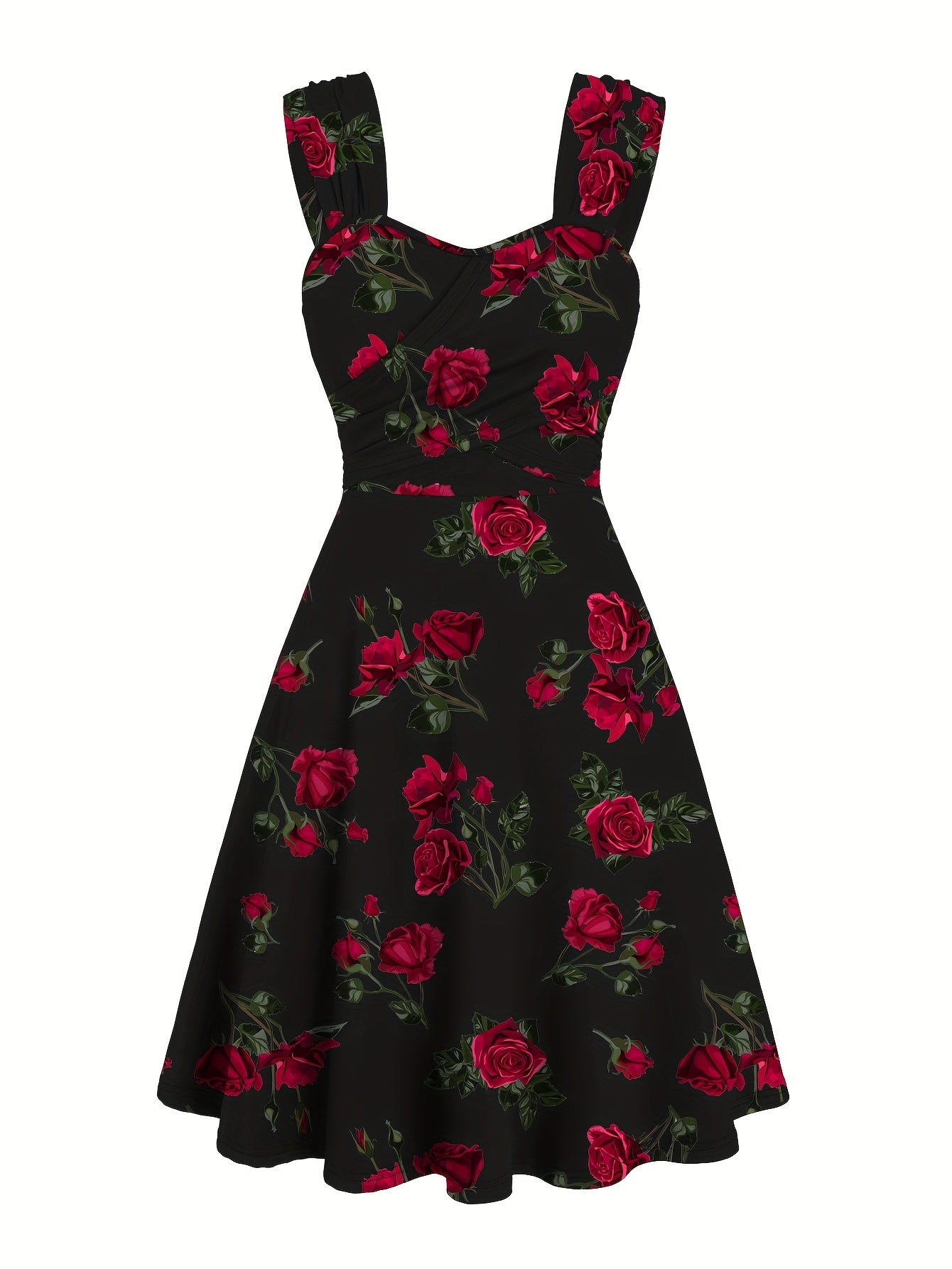Robe élégante décontractée pour femme, imprimée de roses, plissée sur le devant, à larges bretelles croisées et épaules dénudées