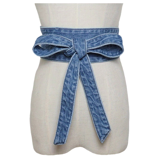 Ceinture large vintage pour femmes – Fermeture à nœud papillon, ceinture corset bleu délavé pour jupe et chemise, tenue décontractée à formelle, lavable à la main, bande taille rétro (taille standard, sans plumes)