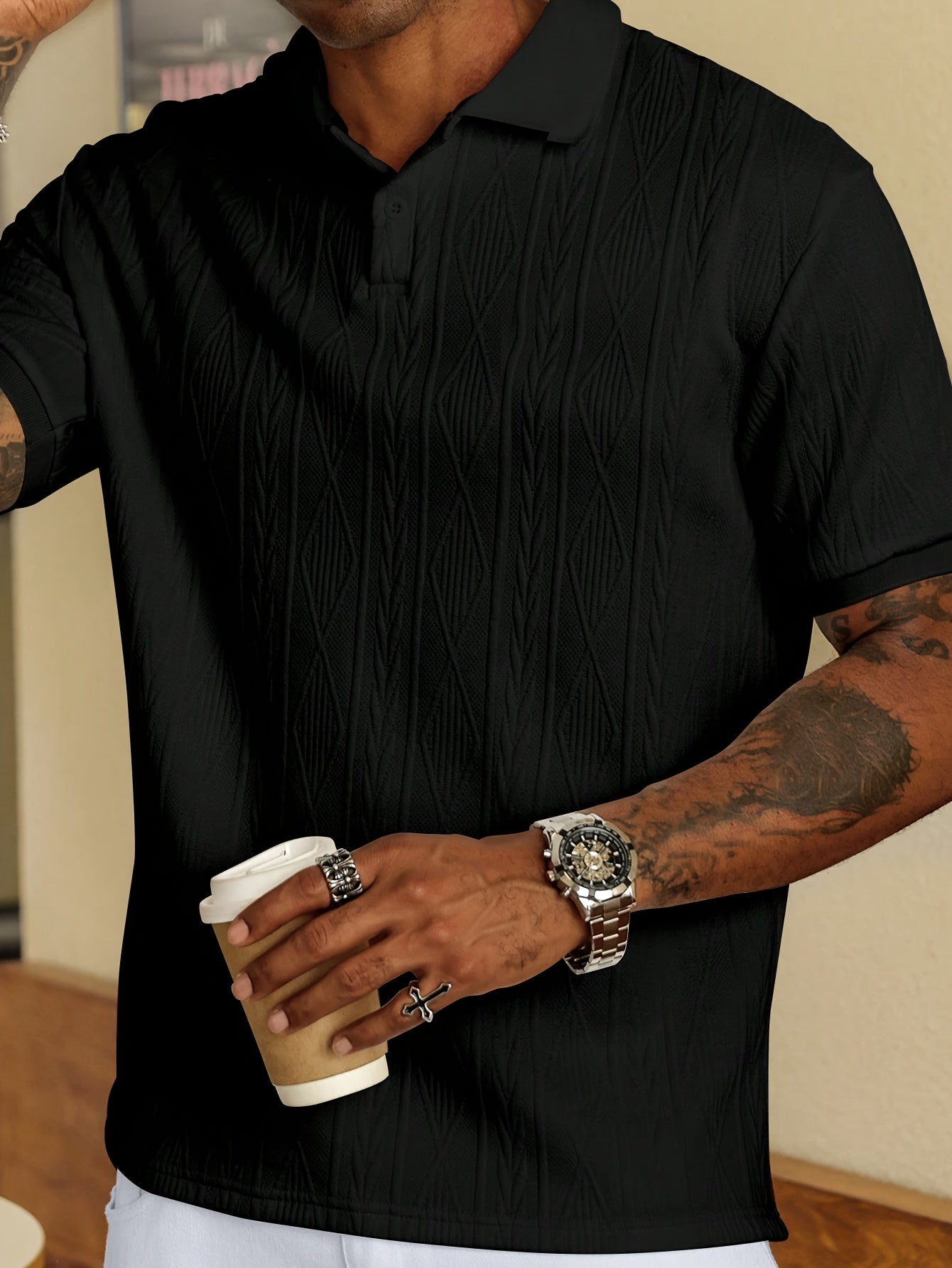 Men'S Casual Black Textured Polo Shirt with "LOVE" Design - Perfect Valentine'S Day Gift for Boyfriend or Husband, Casual Summer Top|Textured Pattern Shirt|Polyester Knit Fabric