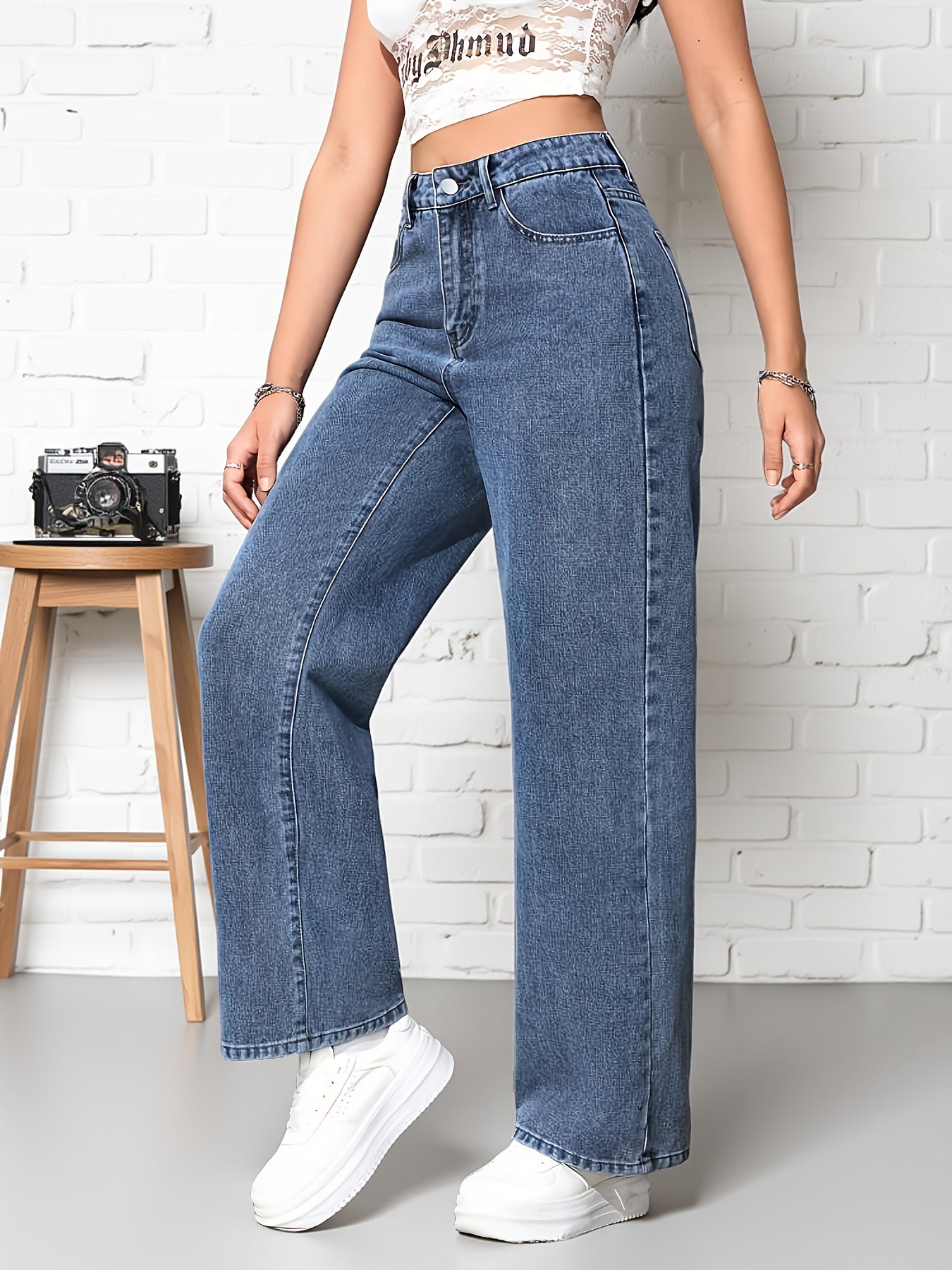 Jeans Femme Bleu Foncé Effet Snowflake Jambe Droite Large Non Extensible Zippé Toute Saison Décontracté et Formel