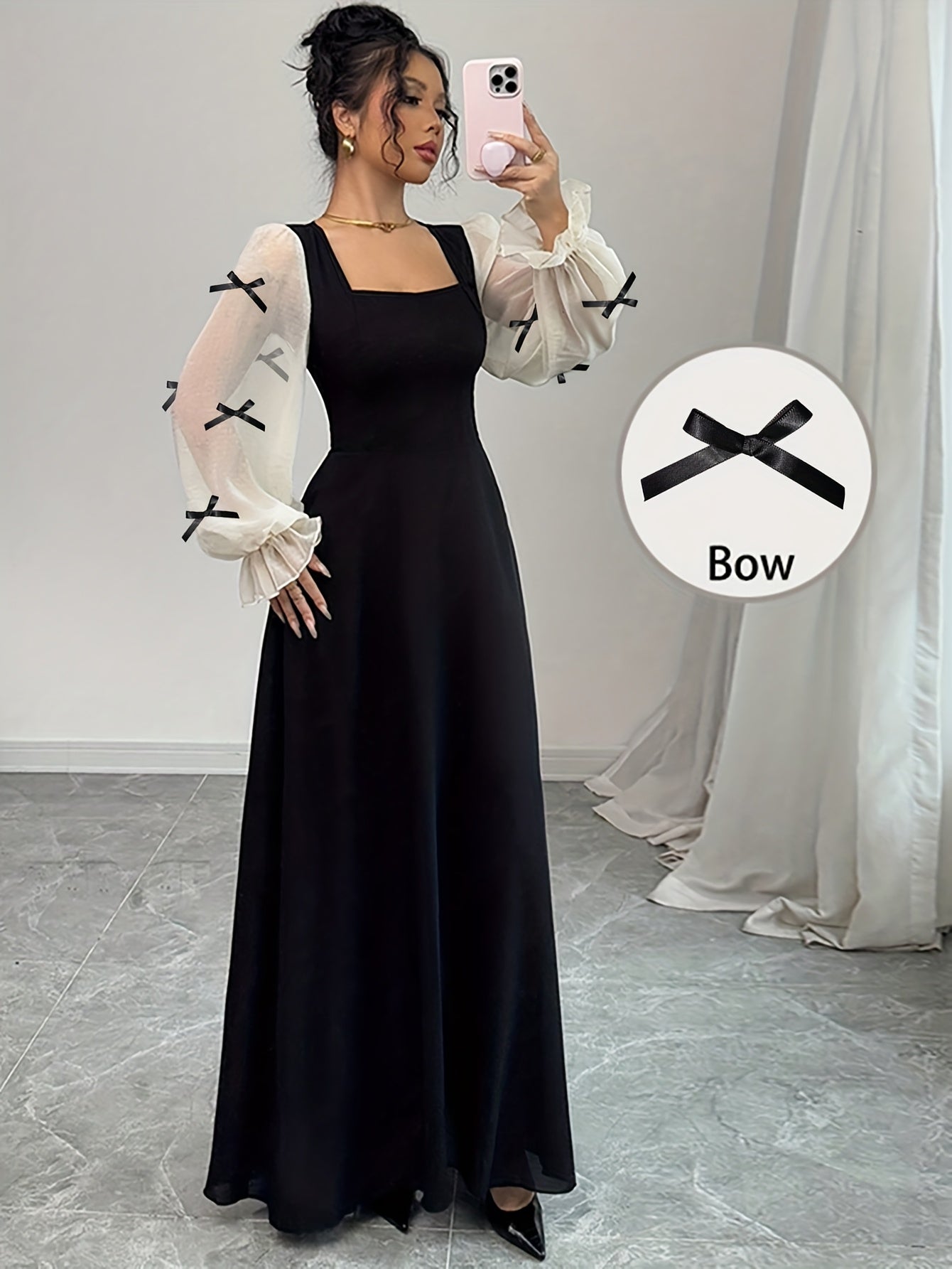 Chic Women'S A-Line Dress with Square Neck, Featuring Chiffon Bell Sleeves And Bow Accents, Perfect for Winter Celebrations, Christmas Parties, New Year Festivities, And Thanksgiving Gatherings.