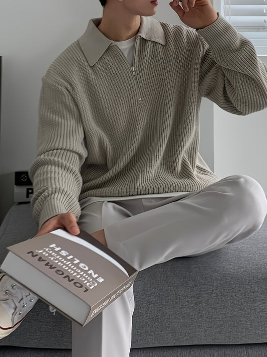 Plus Size Men's Half-Zip Sweater with Turn- Collar, Loose Knit Casual Pullover for Autumn and Winter, PLUS SIZE