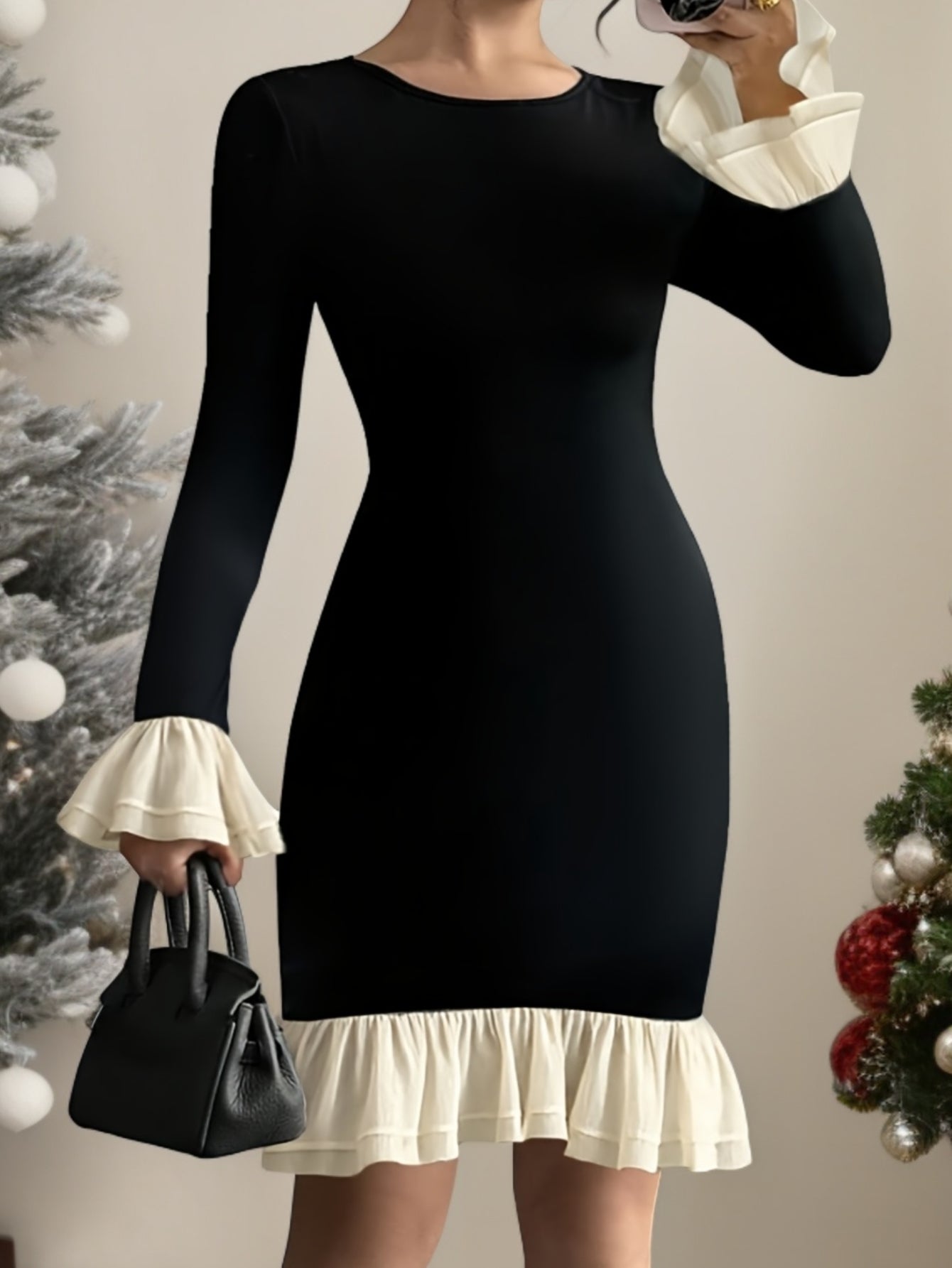 Autumn-Winter Long Sleeve Mushroom Lace Design Fashionable Bodycon Skirt