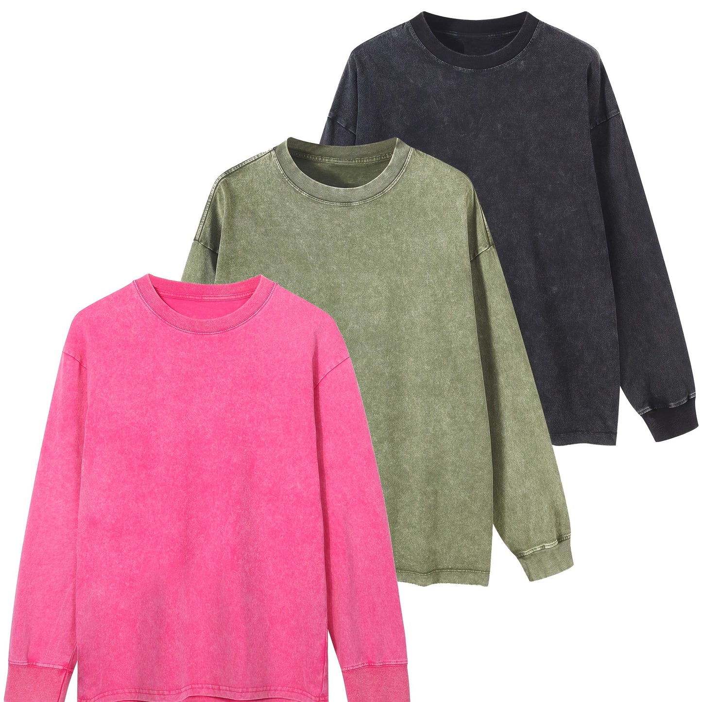 Lot de 3 t-shirts unisexes printemps/automne/hiver – manches longues, col rond côtelé, 240 g, coton pur lourd, style vintage usé délavé, tendance pour couples, nouveau