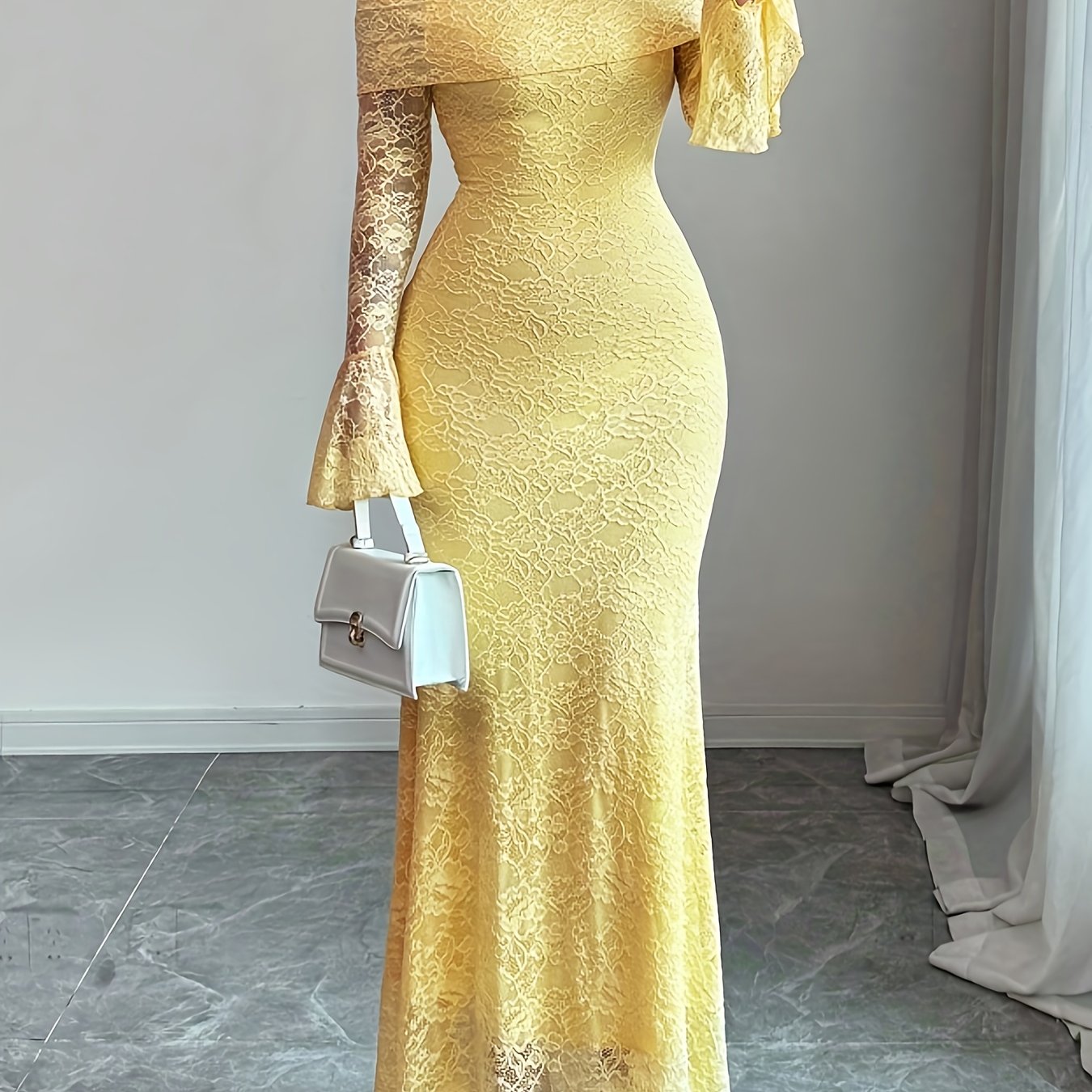 Elegant Off the Shoulder Long Dress with Contrast Lace Details | Women'S Sexy Bell Sleeves and Pendulum Style, Solid Color, Suitable for All Seasons