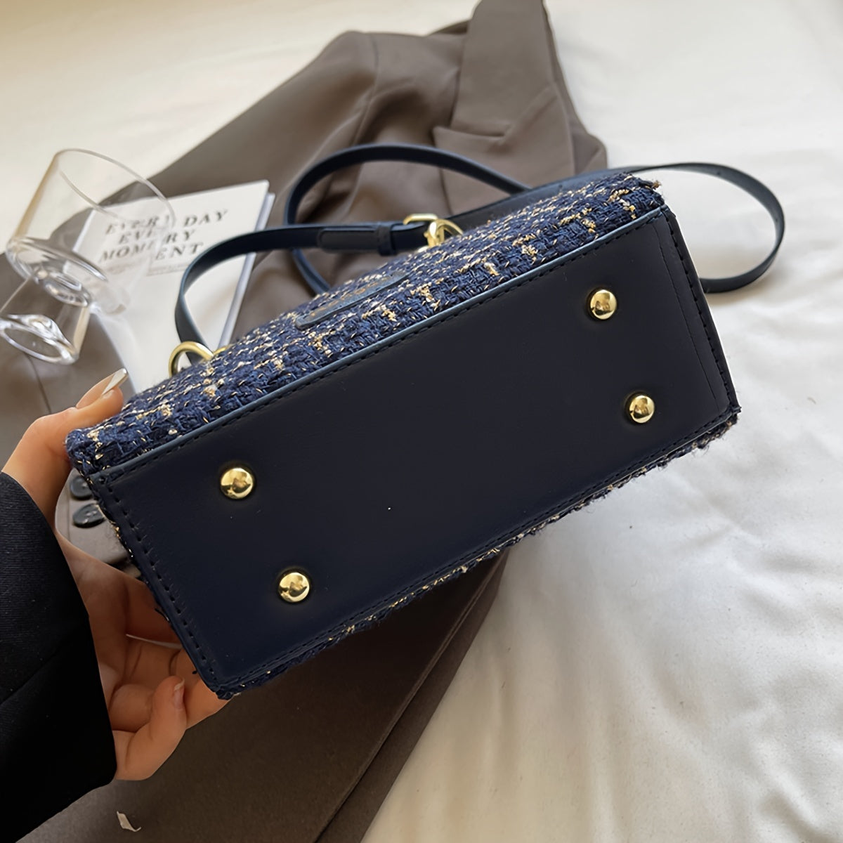 Sac élégant en tweed – bandoulière et poignée, polyvalent