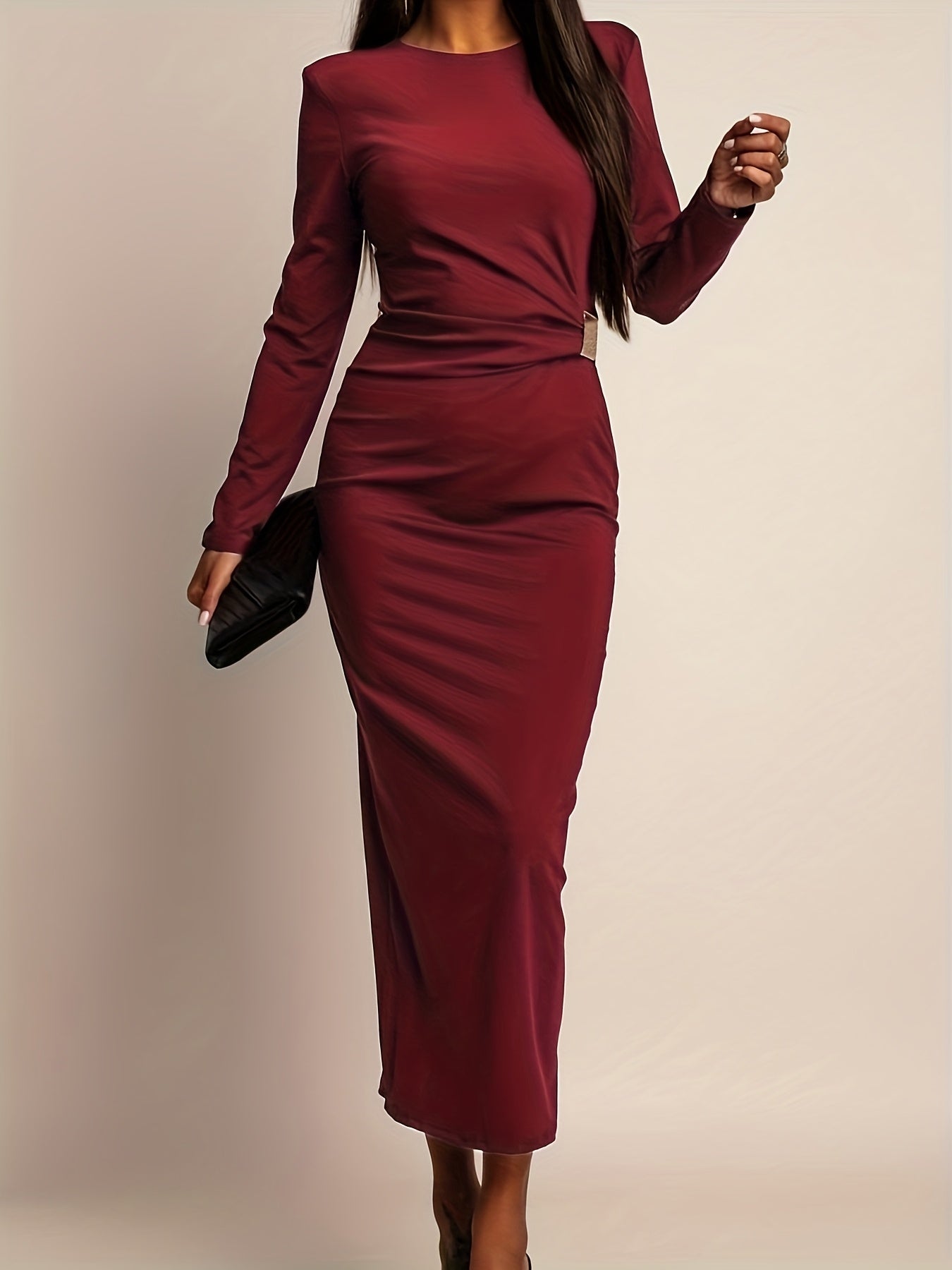 Robe Élégante Couleur Unie A-Line — Coupe Slim, Manches Longues, Col Rond, Taille Smockée avec Fente à l’Ourlet, Coupe Structurée et Silhouette Flatteuse, Parfaite pour Mariages et Soirées