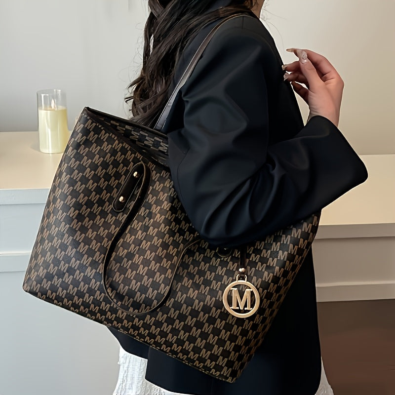 Sac à Main Femme Élégant– Sac Cabas avec Bandoulière Chaîne Dorée et Logo « M », Cuir Synthétique, Motif Pied-de-Poule en Marron Clair/Blanc/Noir, Fermeture Éclair, Doublure en Polyester