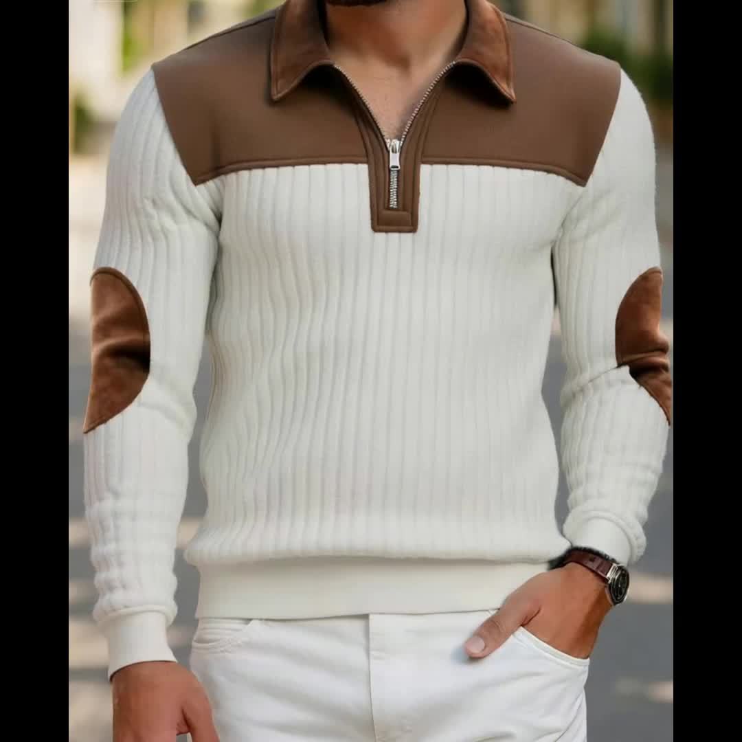Men'S Casual Collared Zip-Up Pullover | Color-Block Design, Thick Warm, Long Sleeve, Suitable for Daily Fashion and Commuting - ROYALBOY