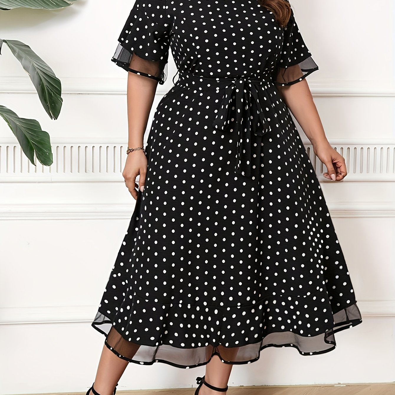 Robe Été Femme Grande Taille – Élégante, Imprimé à Pois, Col Rond, Dos à Nouer, Manches Courtes, Jupe