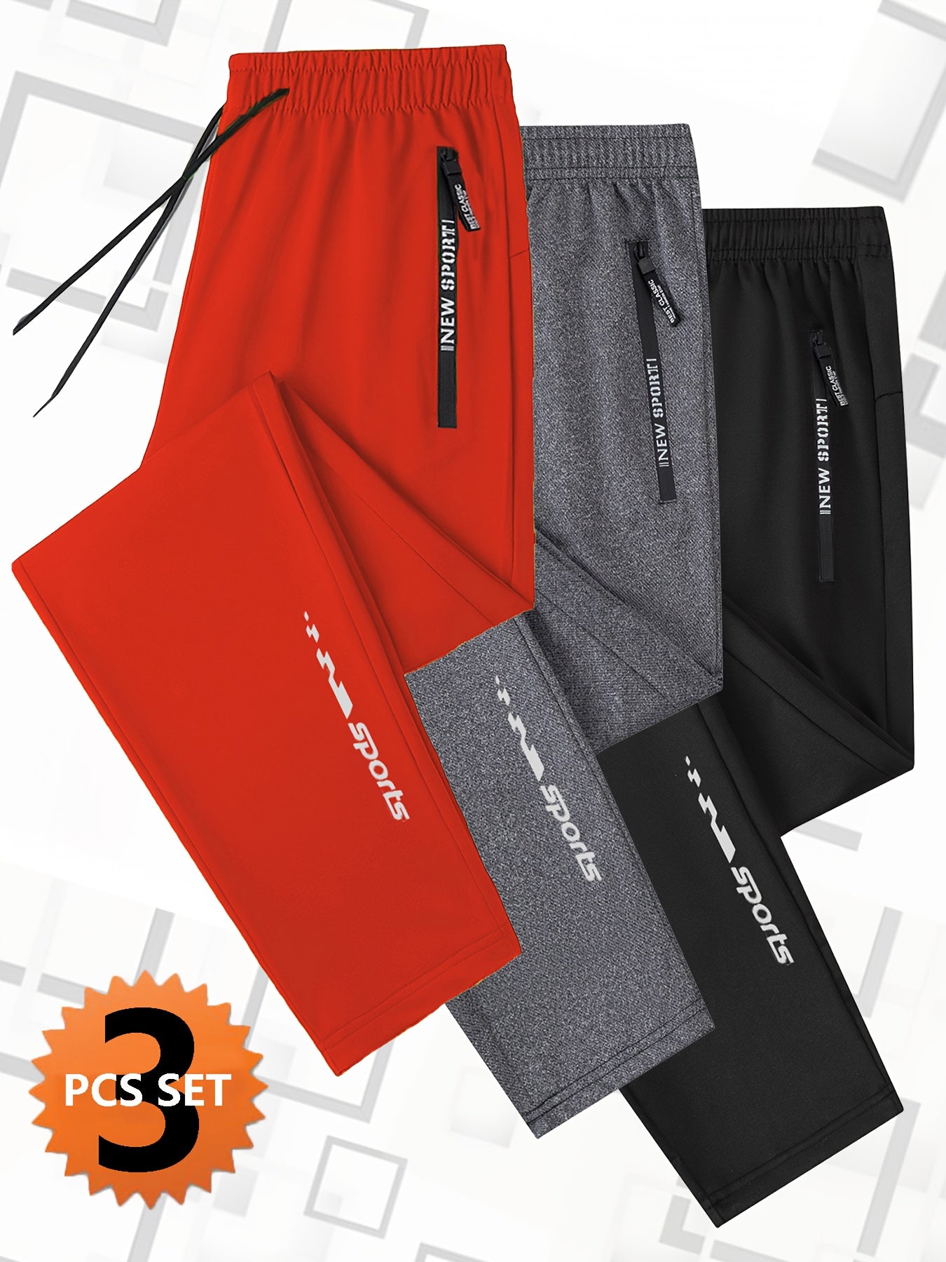 3pcs Joggers Homme – Cordon, Poches Zippées, Sport & Casual, Noir, Tout Saison
