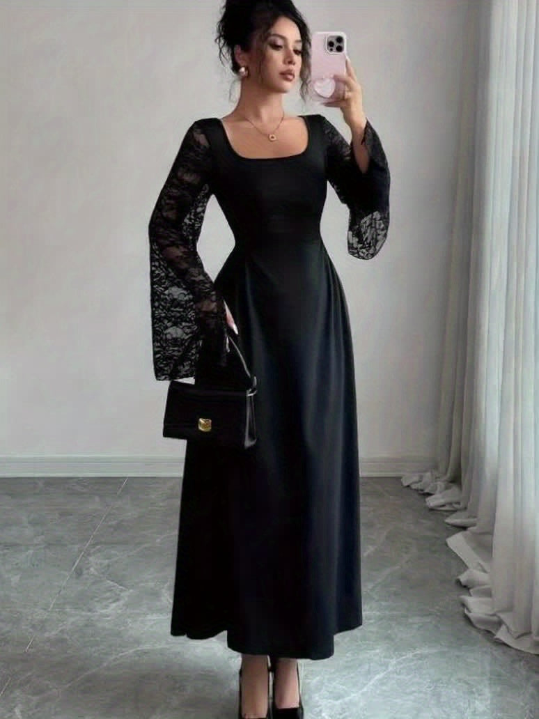 2025 New Fall/Winter Vintage Black Lace Tulle Square Neck Bell Sleeves Split Long-Sleeve Maxi Dress | Elegant Fit and Flare Silhouette with Contrast Lace Details