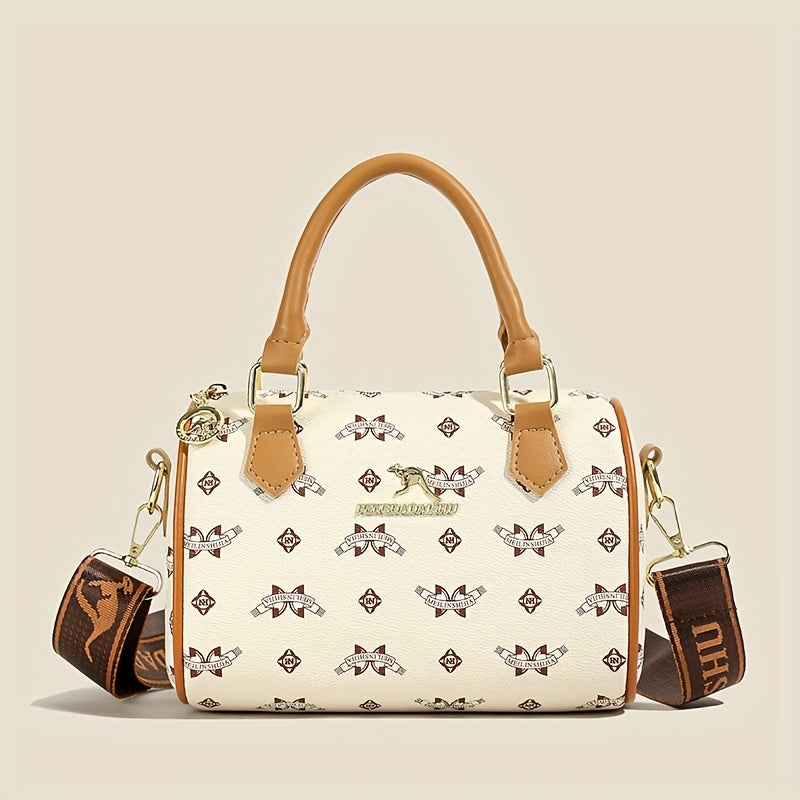 Sac vintage géométrique – sac élégant bicolore marron et blanc, bandoulière réglable, fermeture éclair, design rétro chic