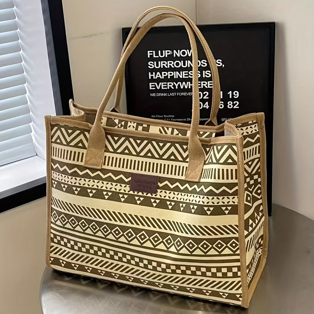 Sac Cabas en Toile Géométrique d’Inspiration Vintage pour Femmes – Grande Capacité, Portable avec Fermeture Éclair, Lavable à la Main, Design Stylé et Motifs, Sac Cabas Quotidien | Design Vintage | Fermeture Éclair, Sac Cabas