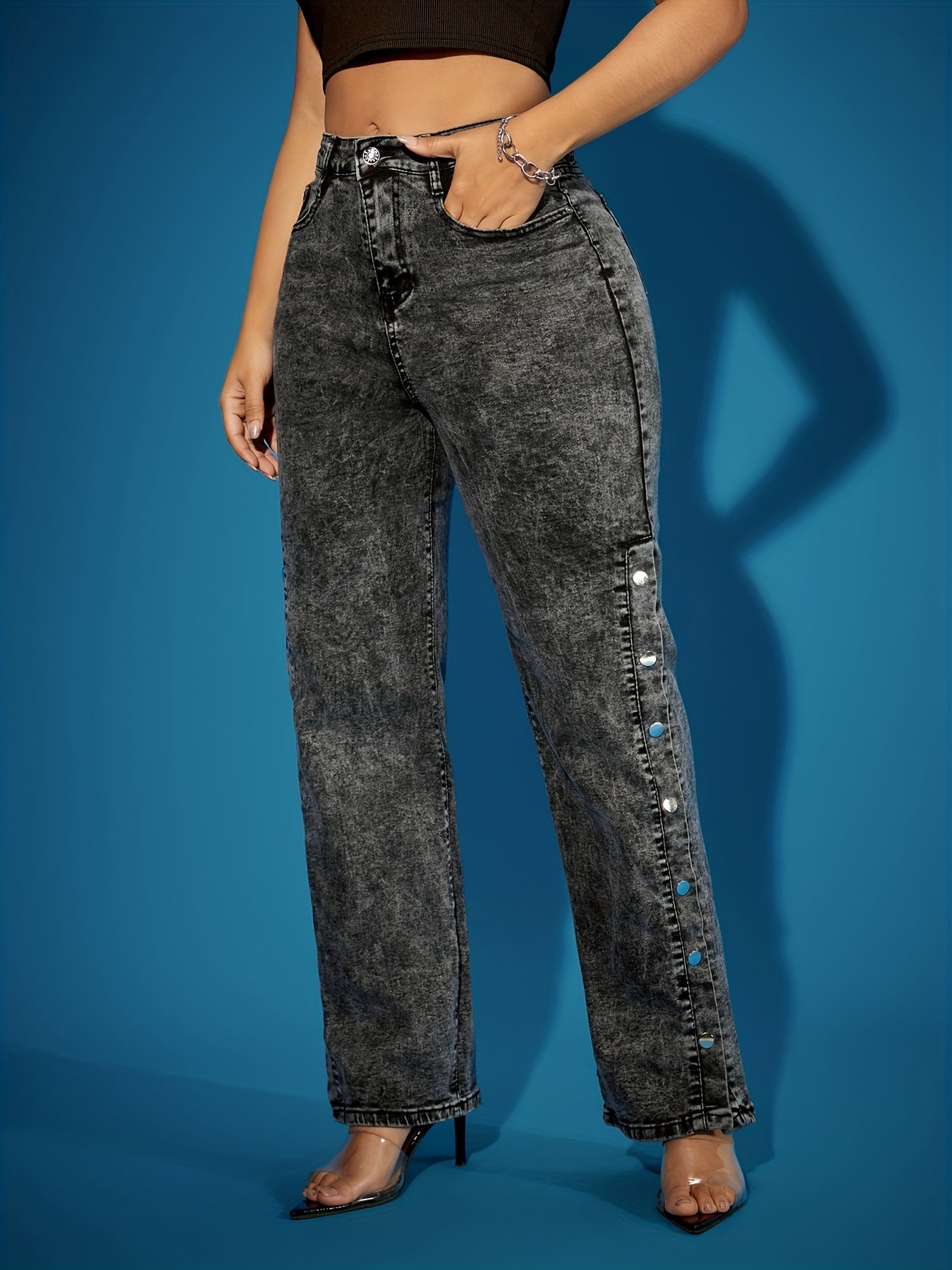 Jeans Femme Rétro Jambe Droite Boutons Frontaux